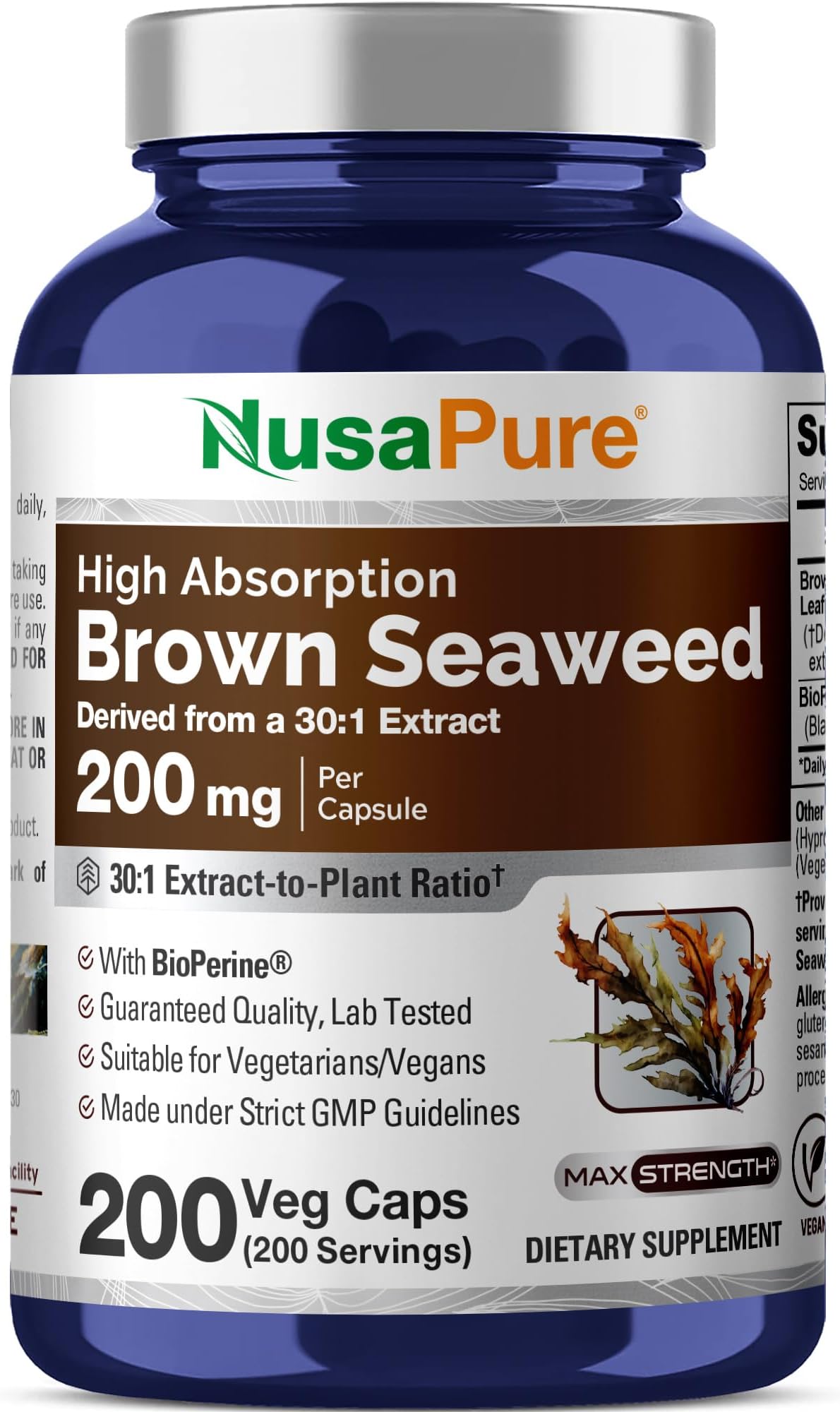 NusaPure Brown Seaweed Capsules, 200 mg, 200 Veg Capsules (Non-GMO, Vegan)