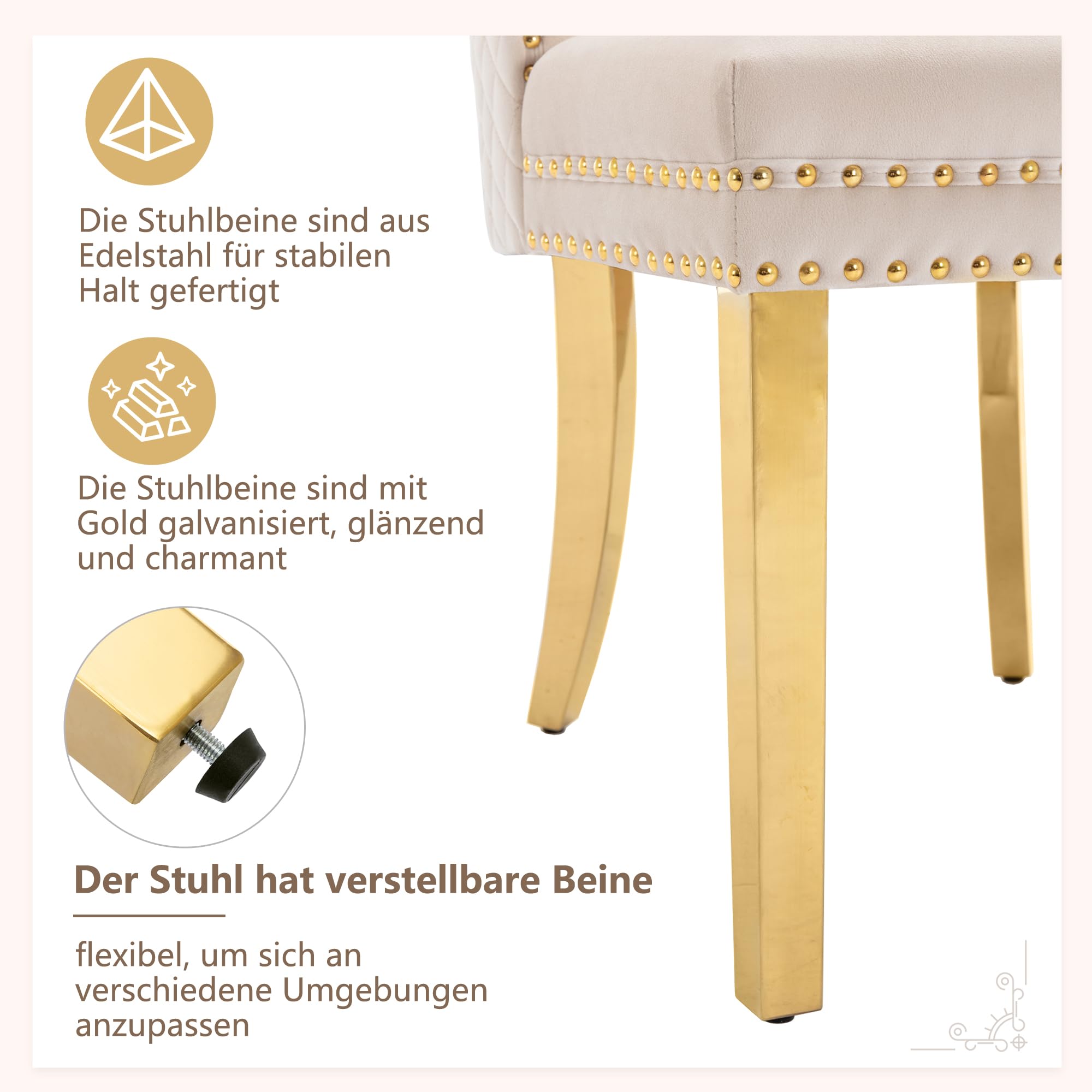 Esszimmerstuhl Beige (Küchenstuhl Wohnzimmerstuhl mit einzigartigem Runde Zugringe auf der Rückseite, 2 STS), Polsterstuhl mit Nagelkopfbesatz,Stützbeine aus vergoldetem Edelstahl, Samt