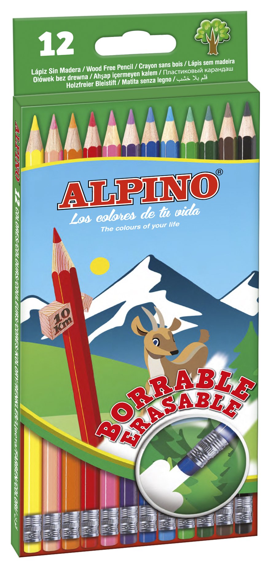 Lapices de colores alpino borrable con goma caja de 12 colores surtidos
