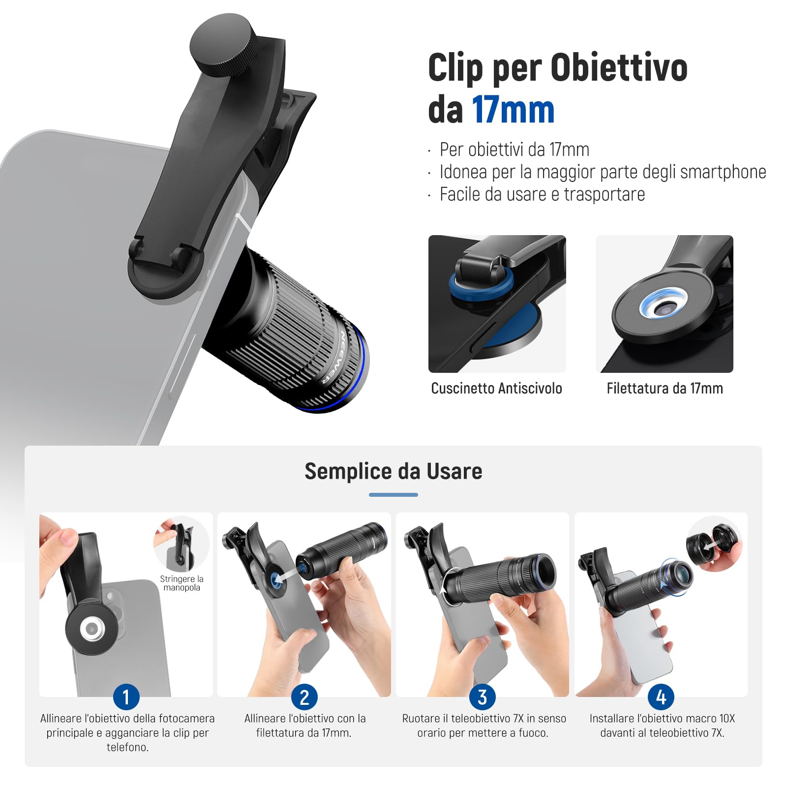 NEEWER Teleobiettivo 7X con clip per obiettivo fotocamera del telefono, macro 10X staccabile per piastra posteriore filettata da 17 mm, custodia compatibile con iPhone Samsung, LS-36 Ultra
