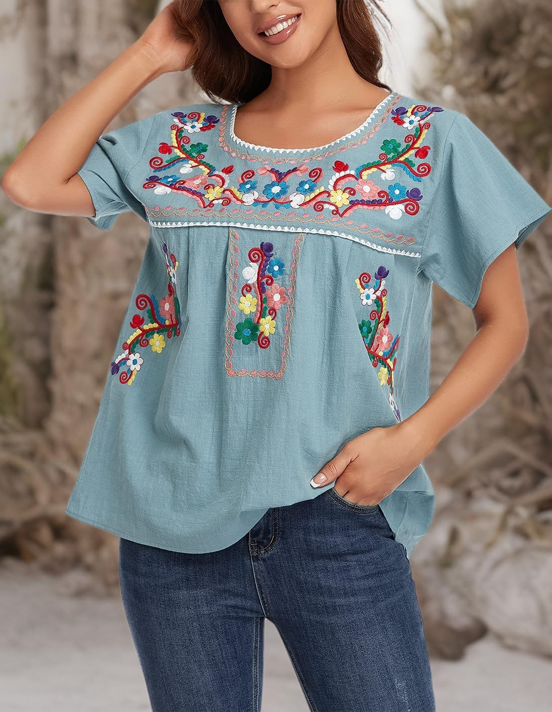 YZXDORWJ Women's Embroidered Mexican Peasant Blouse Mexico Summer Shirt Short Sleeve