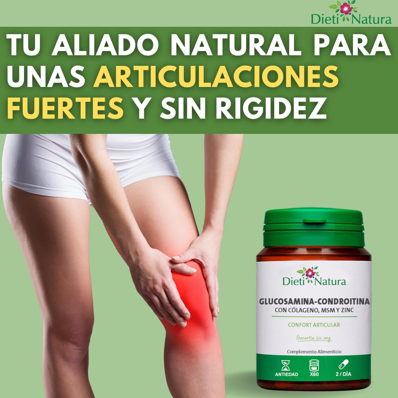 Dieti Natura Cápsulas de Glucosamina con Condroitina - Con MSM, Colágeno Marino, Zinc y Manganeso - Para la Flexibilidad y Movilidad de las articulaciones - Fabricado en Francia sin OMG (60 Cápsulas)
