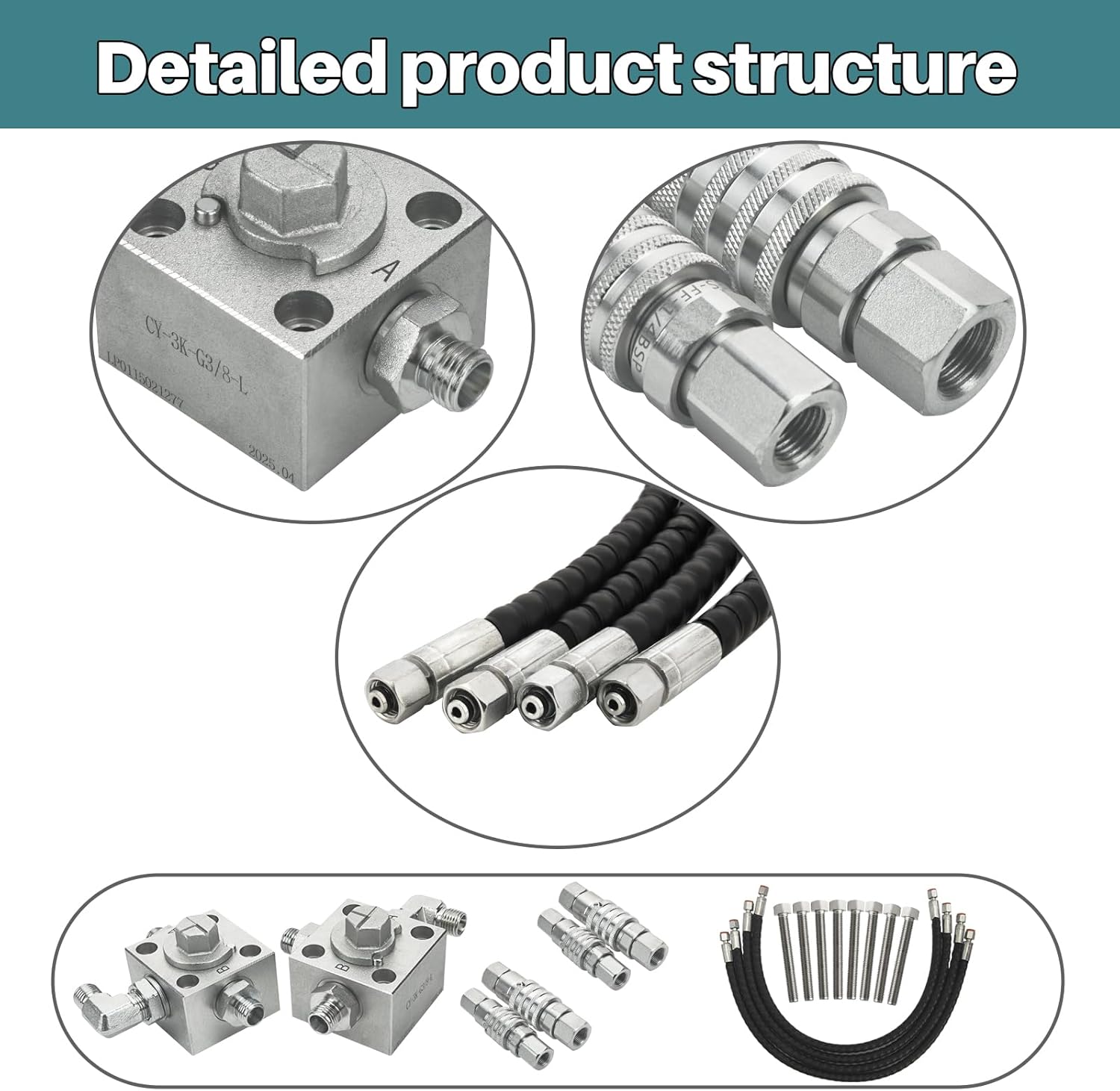 2PCS 3-Way Diverter Valve Kit for 1-2 Ton Chinese Mini Excavator Alloy Steel Hydraulic Valves w/Quick Connects & 31” Flexible Hoses (Fits M14/M16)