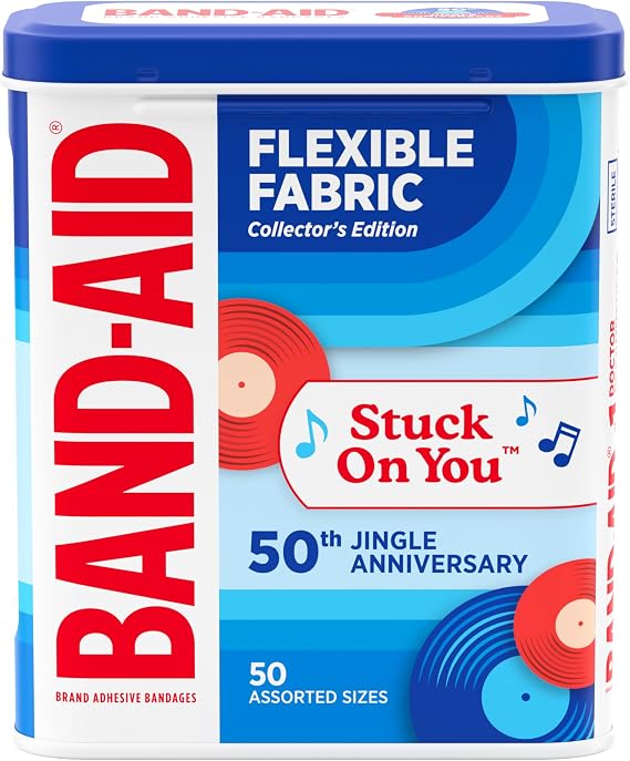 BAND-AID Brand Adhesive Bandages Flexible Fabric, Comfortable Sterile Protection & Wound Care for Minor Cuts & Burns, Jingle Anniversary Tin, Assorted Sizes, 50ct