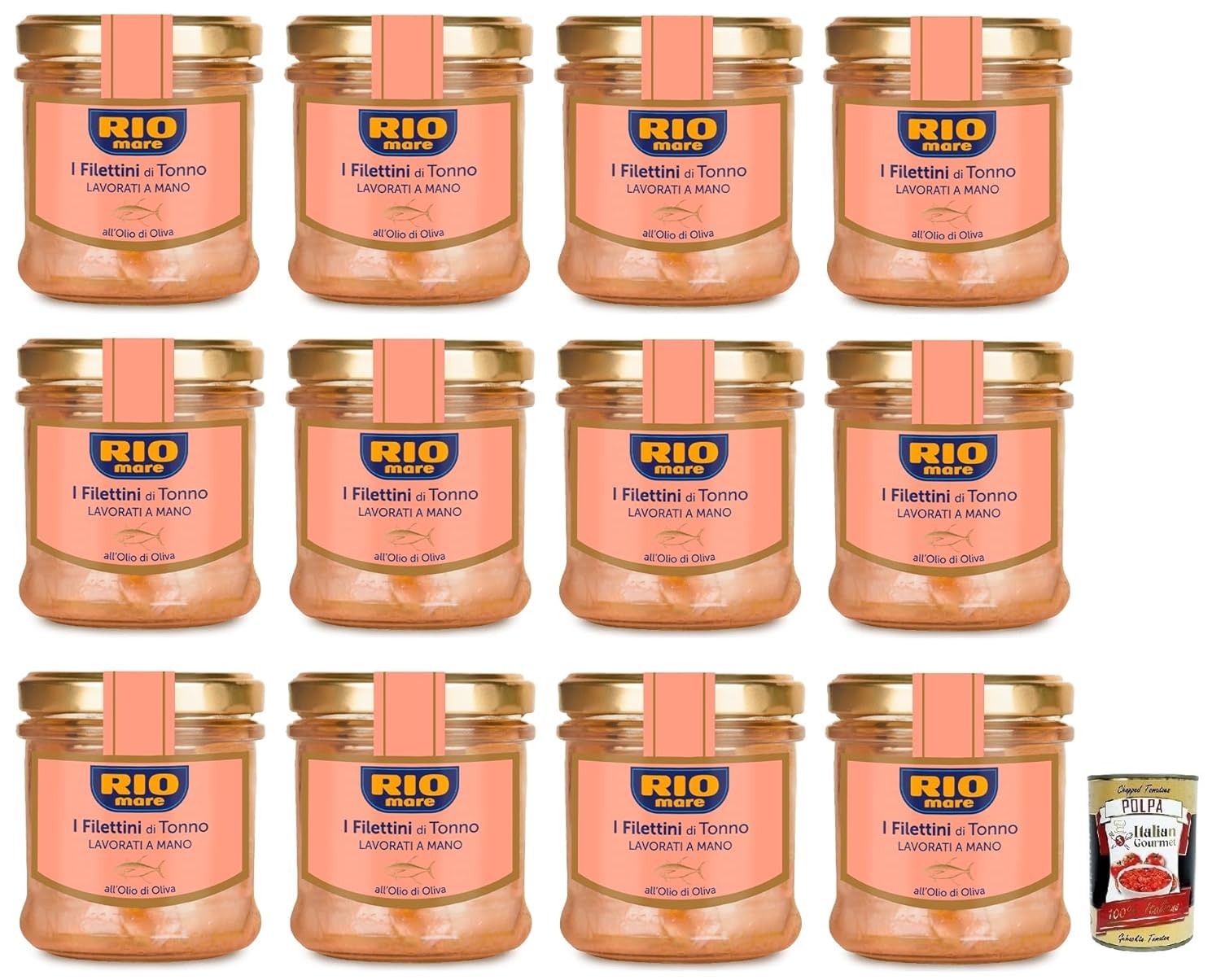 Italian Gourmet Bundle 12 x 130 g, filets de thon Rio Mare à l’huile d’olive, thon en bocal en verre, thon premium travaillé à la main, lot de 12, poids total 1,56 kg + Italian Gourmet Polpa