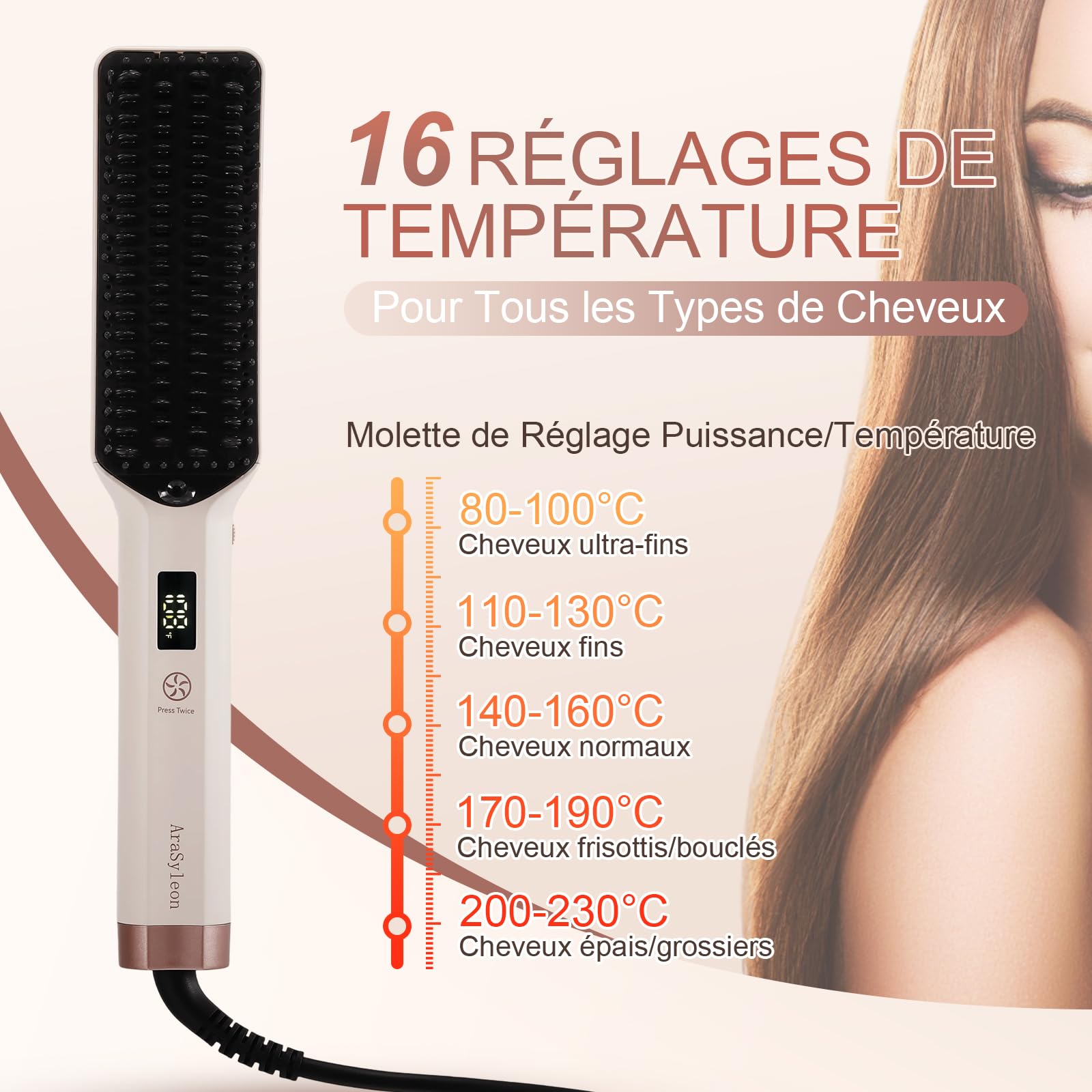 Brosse Lissante Ionique, 16 Niveaux 80–230°C, Double Tension