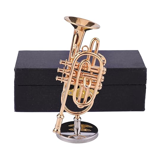 Miniature Cornet with Stand and Case Brass Mini Musical Instrument Cornet Replica Collectible Figurines Model Music Birthday Gifts Home Decoration Display Ornament (3.54"x1.57")