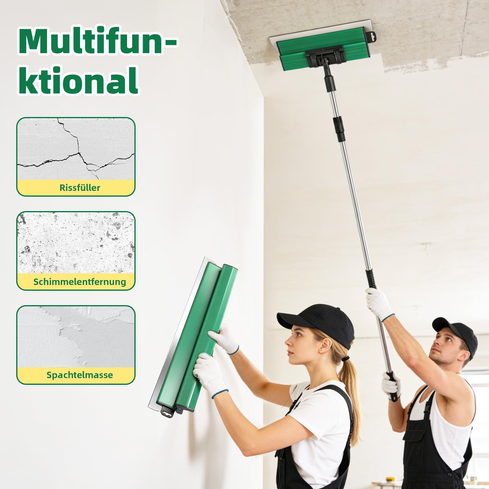 Flächenspachtel Set 4-teilig 25/40/60/80 cm mit Teleskopstange (84-150 cm) – Edelstahl Glättspachtel für Trockenbau, Putz, Wand & Decke – inkl. 3 kleinen Spachteln für Ecken & Fugen