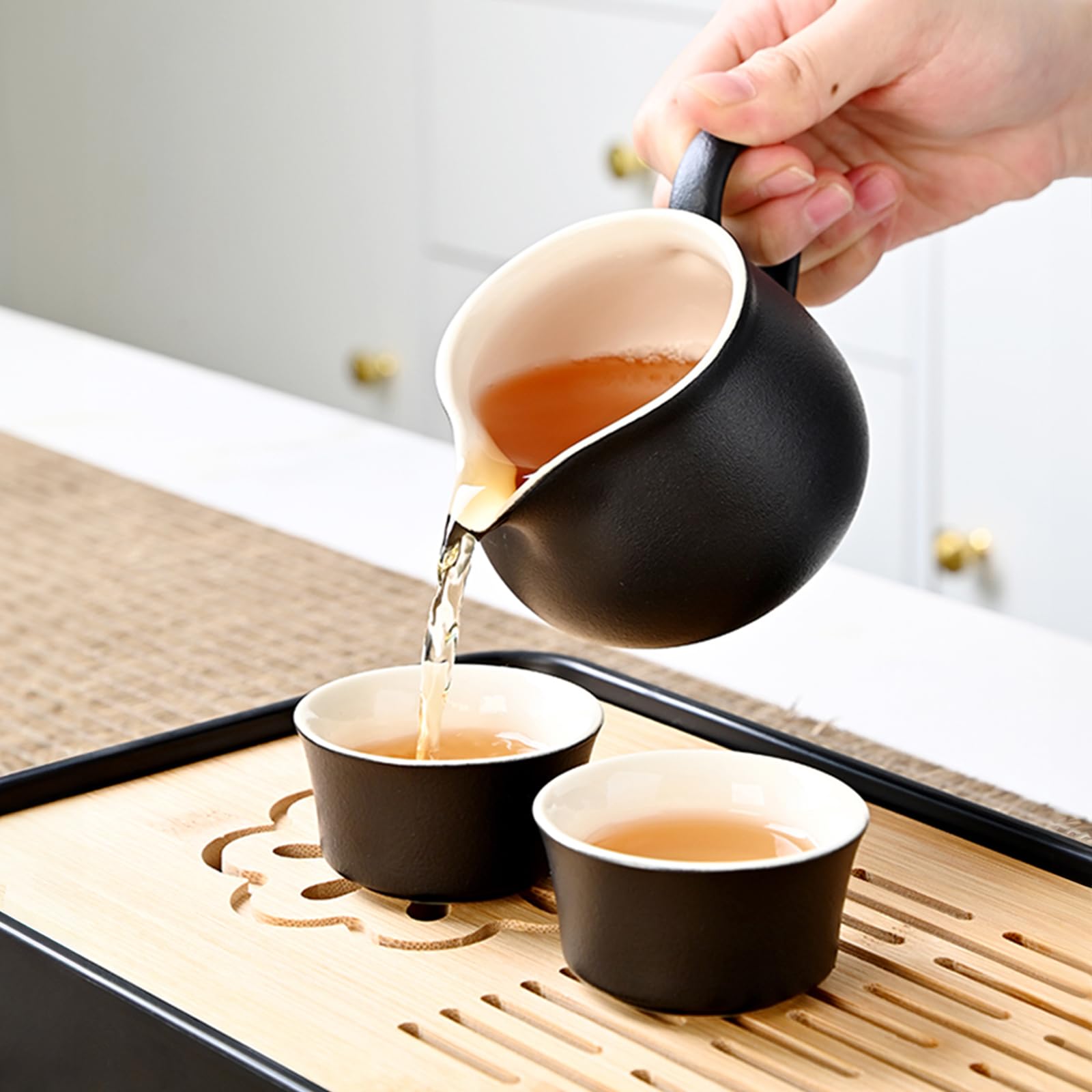 fanquare Set da Tè Nero Giapponese da Viaggio Teiera Kung Fu in Porcellana con Vassoio e Borsa Portatile Servizio da Tè Cinese per Uomo Donna Regali