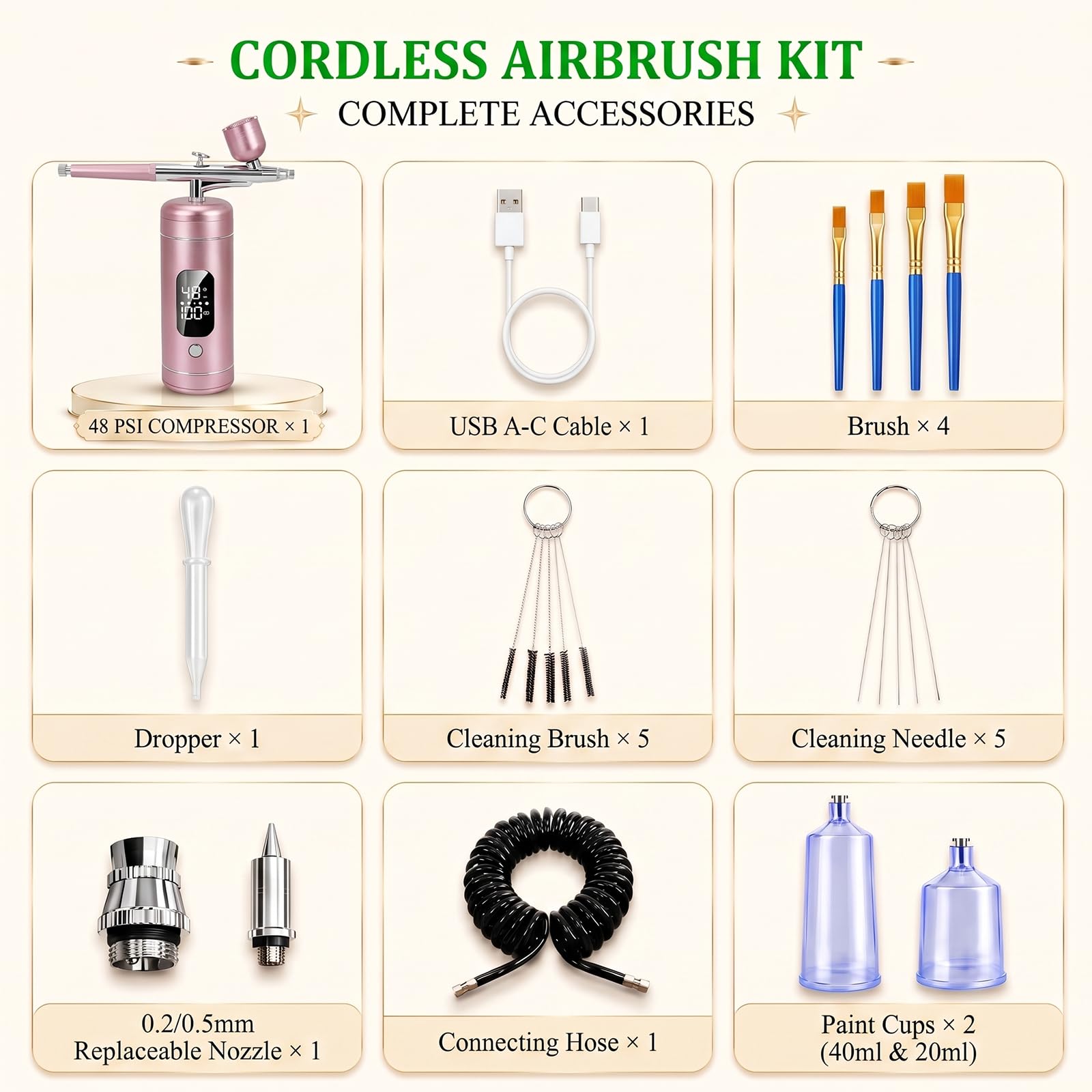 Kit d'aérographe sans fil avec compresseur, haute pression 48 psi, rechargeable 6000 mAh, 3 vitesses réglables, buses de 0,2/0,5 mm et 3 tasses, non obstruant pour gâteaux, modèles, maquillage