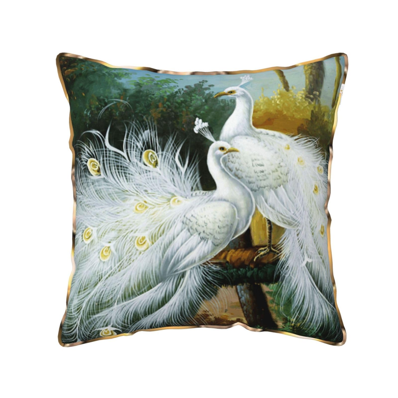 AUBKFELD White Peacock Printed Velvet Cushion Cover 50x50 CM with Gold Edging Strip, Square Pillowcase Soft Throw Pillow Covers Case Decorative for Living Room Sofa Couch Bed Bench