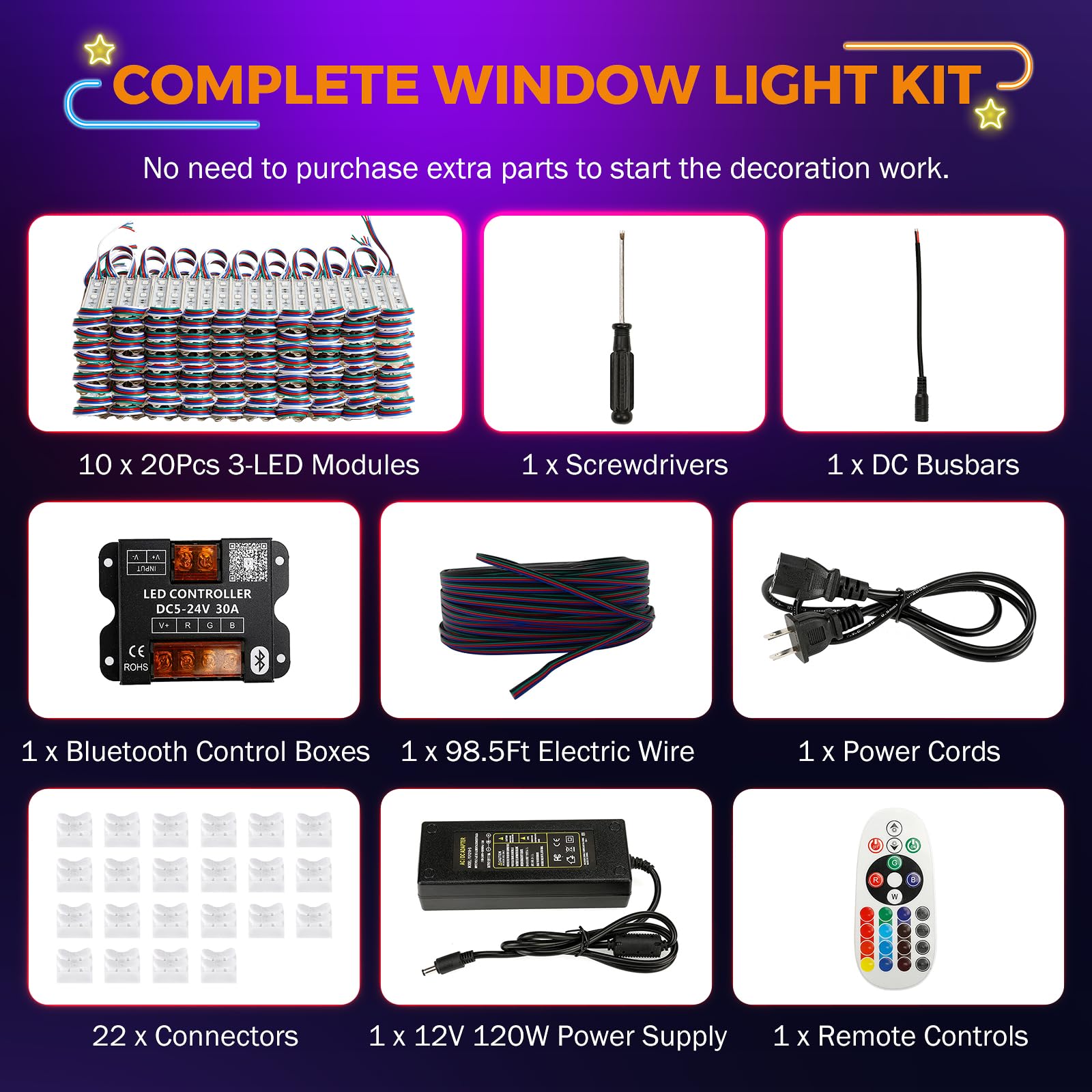 BEAMNOVA 100Ft LED Strip Lights Kit Commercial RGB Storefront Light Strings, Bluetooth Mobile App Control, DC 12V Power Supply, Remote, Connectors, Adhesive Waterproof Outdoor Decorative Lights