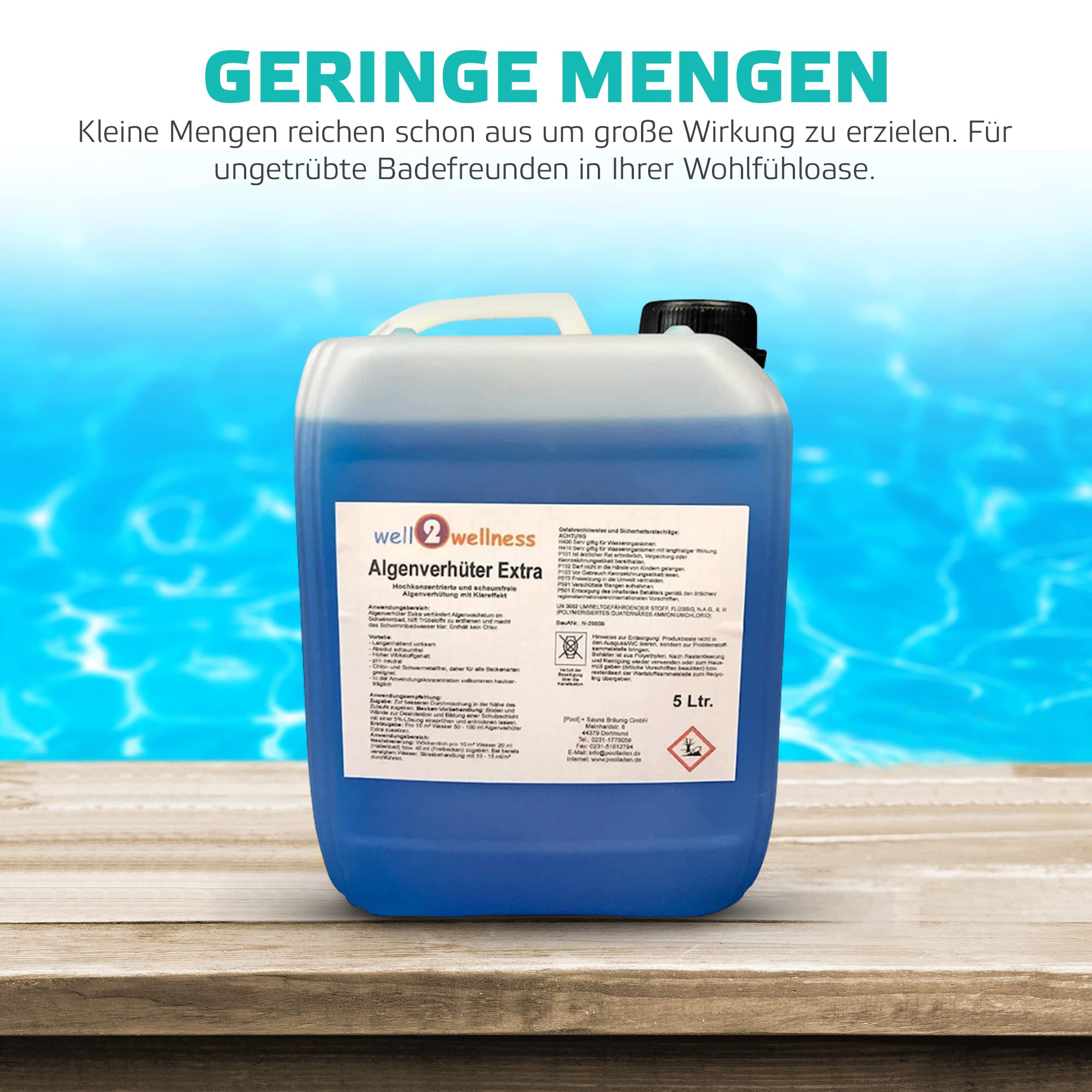well2wellness Algenvernichter Extra 5 Liter - Hochkonzentriertes Schaumfreies Algizid - Vernichtet Alle Formen von Algen - mit Klärender Wirkung - Lang Anhaltende Formel - Frei von Schwermetallen