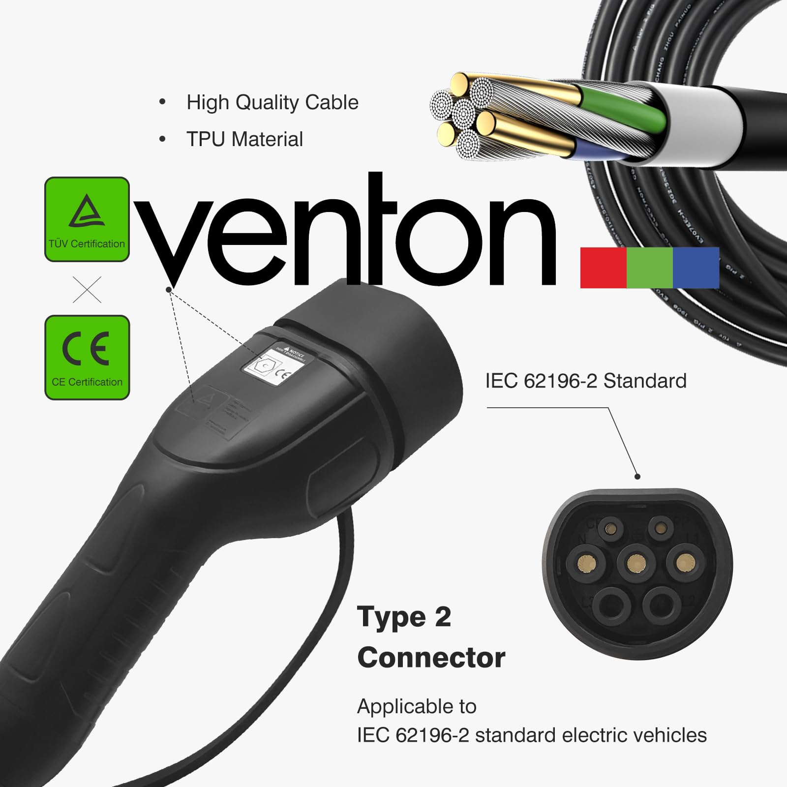 VENTON Kabel do ładowania typu 2 22 kW 5 m do samochodu elektrycznego – 32 A, 3-fazowy, kabel do ładowania EV, typ 2 na typ 2, kabel do ładowania E do samochodu ściennego i kolumny ładującej
