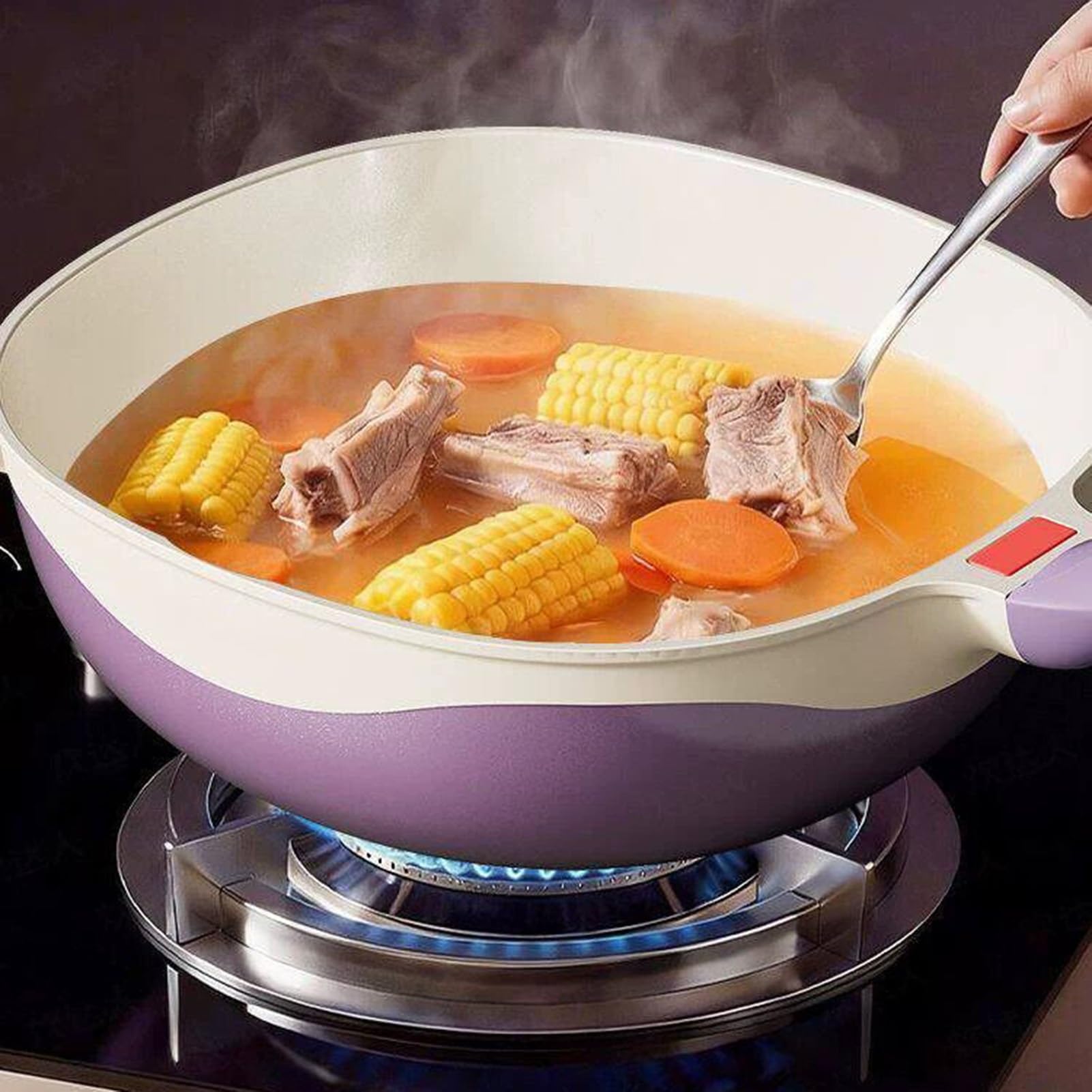 Genérico Wok, De Fondo Plano Cerámica Y Titanio Con Tapa, Superficie Antiadherente Natural Compatible Varias Estufas(32cm)