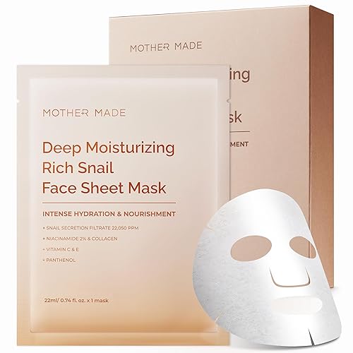 MOTHER MADE Mascarillas hidratantes de mucina de caracol, 10 hojas con filtro de secreción de caracol de 22,050 ppm, colágeno, 2% niacinamida,
