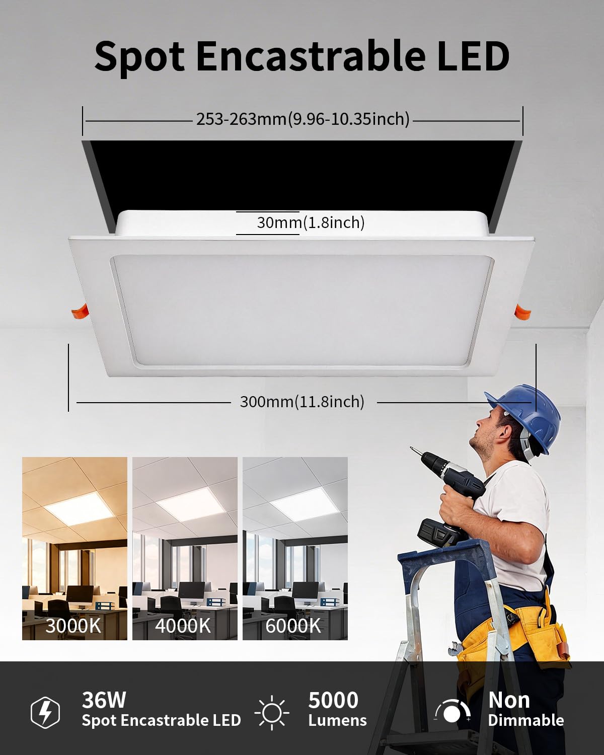 Lot de 2 Spot LED Encastrable Extra Plat 36W, Plafonniers LED, 5000LM, IP44, Carré, 3000K Blanc Chaud/4000K Blanc Neutre/6000K Blanc Froid, Spot LED Plafond pour Cuisine Salon, Trou 253-263mm