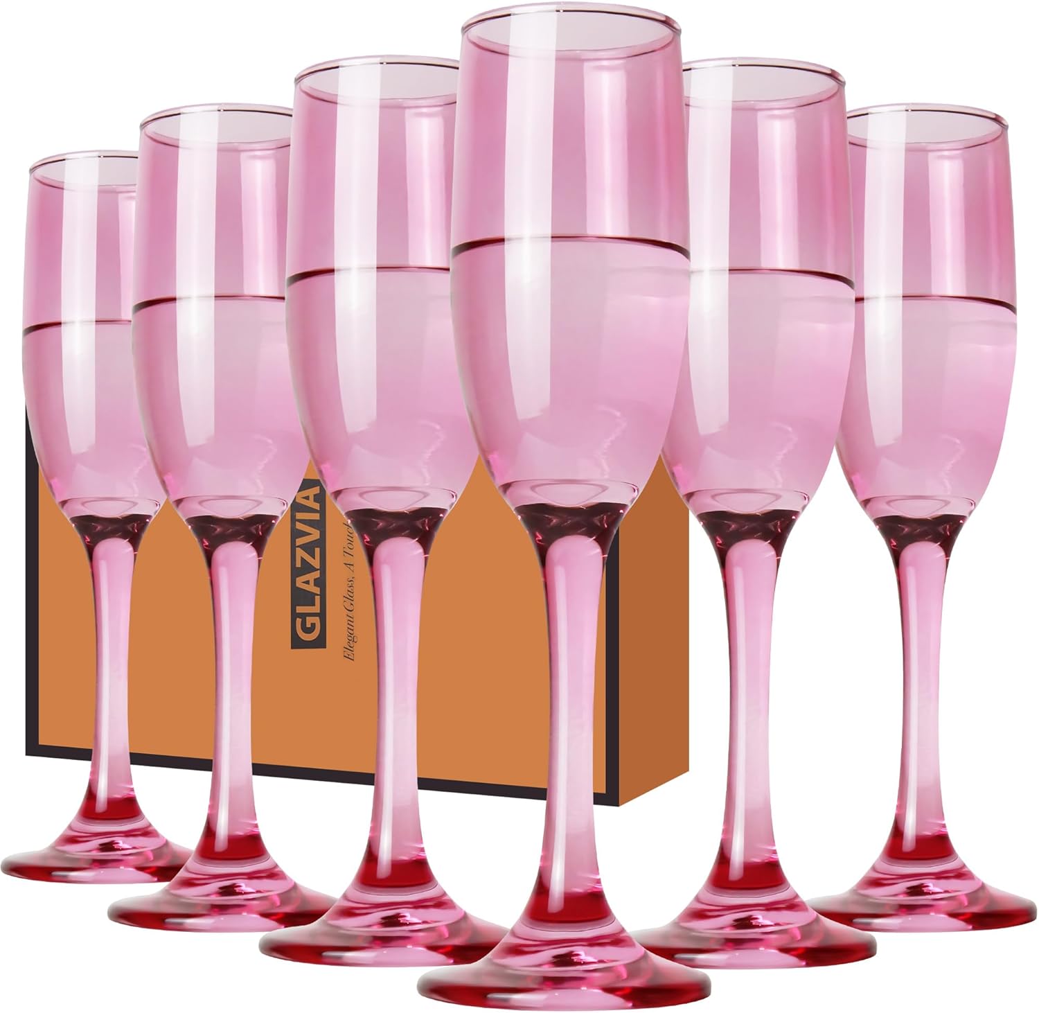 GLAZVIA Champagne Flutes Glasses Set of 6-6oz Elegant Pink Glass, Unique Pink Colored Long Stem Champagne Flute Gift for Wedding, Anniversaries, Parties, Birthday, Restaurant, Home Bar