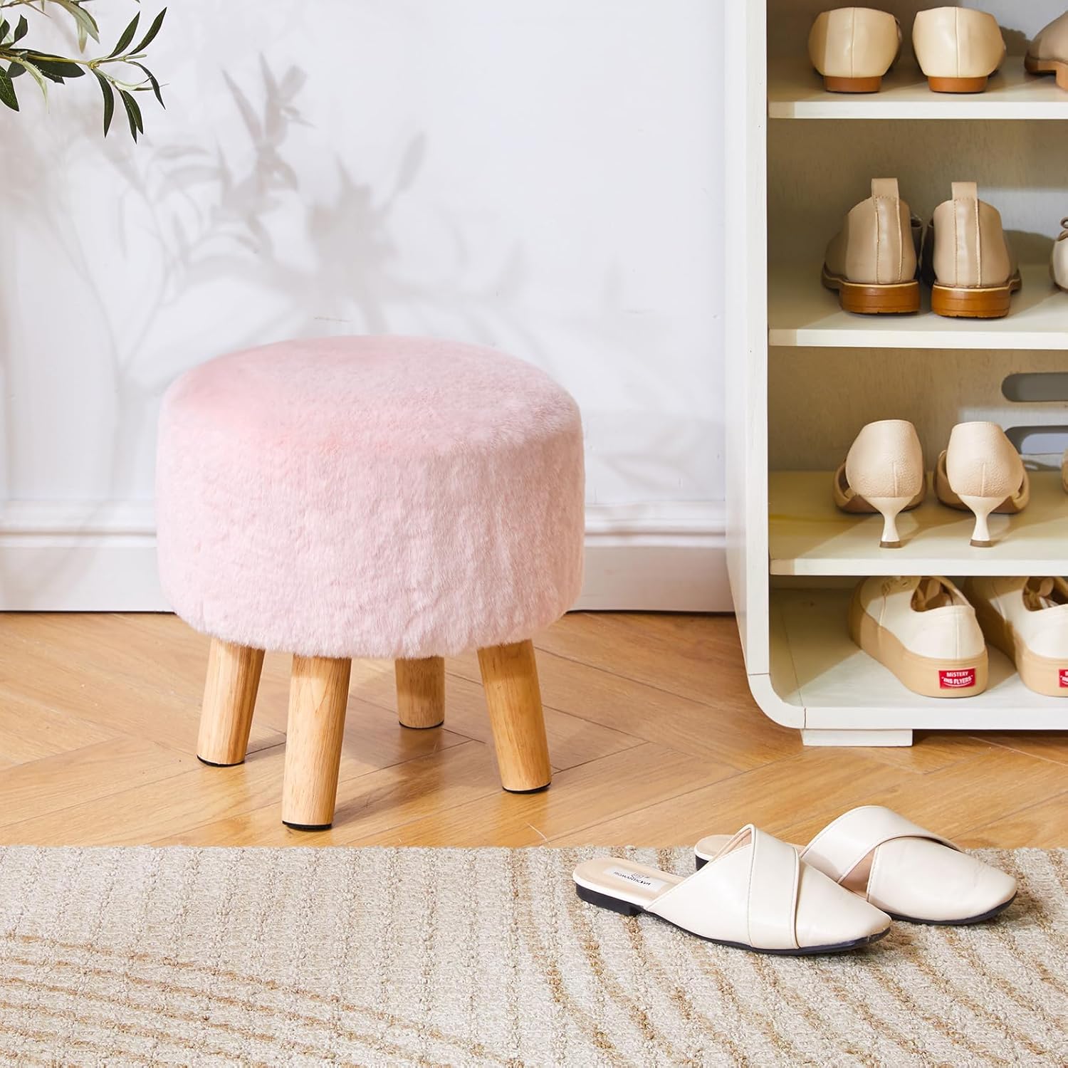 YMYNY Round Pouf Ottoman Small Foot Stool Faux Fur Foot Rest for Couch Modern Boho Footstools with Wood Legs for for Living Room Bedroom Office 12.6" D×12.6" W×12.6" H Pink UHBD035P