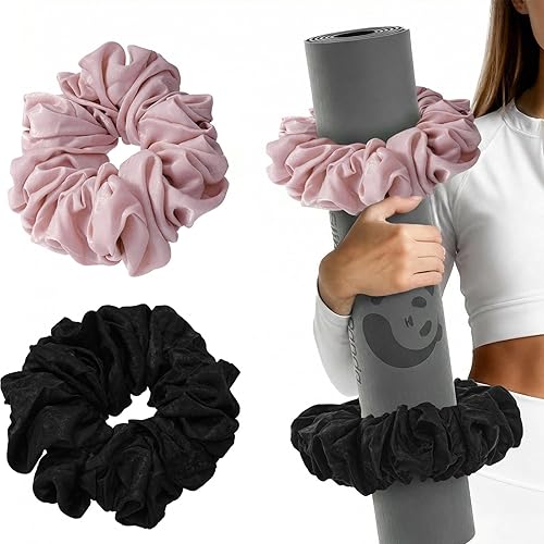 Miniatura 11 de Slim Panda Tapete de yoga Scrunchie, asegura tu tapete con estilo y linda, correa de transporte de tela de terciopelo elástica duradera que se Negro