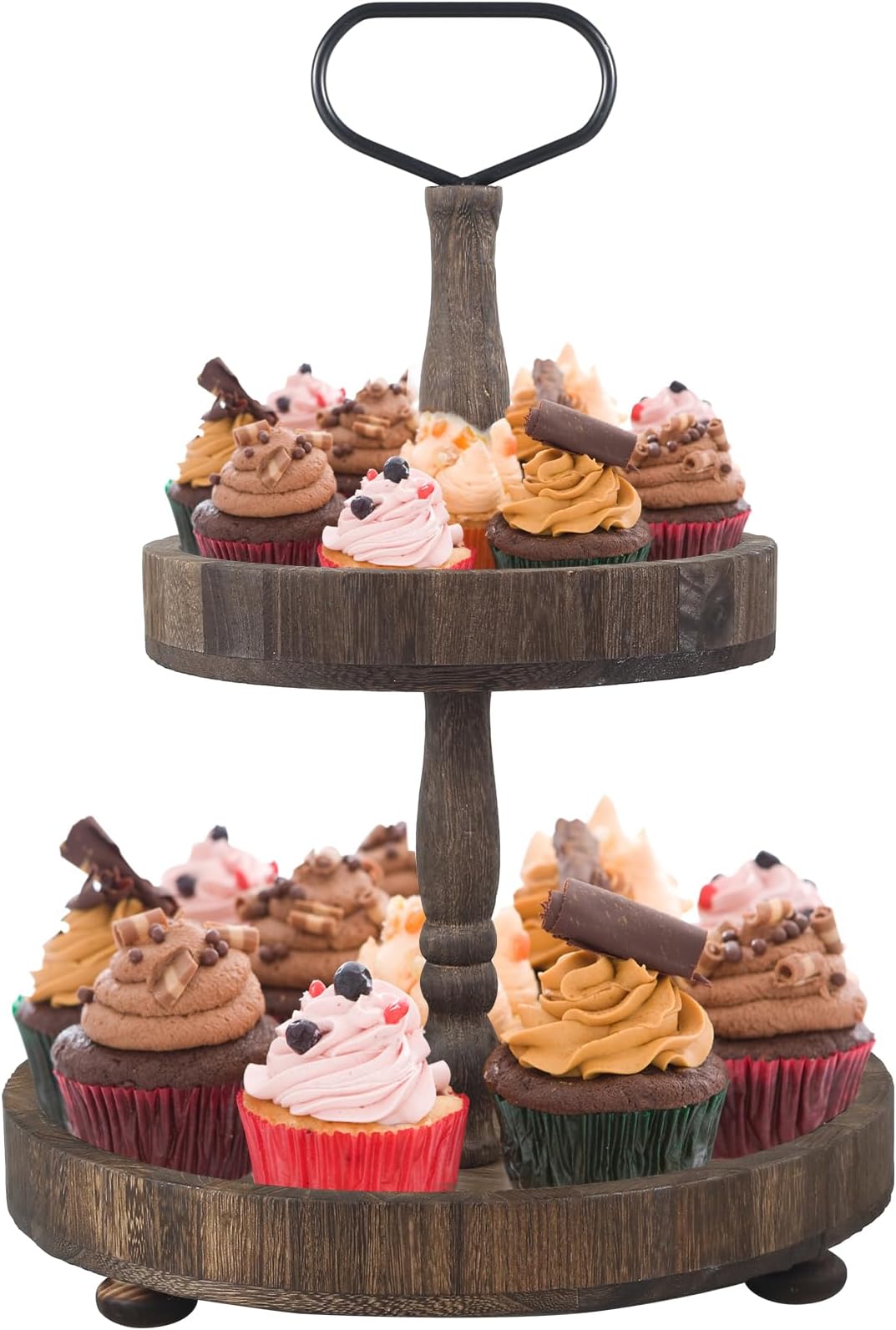 Wood Tiered Cake Tray Decor 2-Tier Farmhouse Fall Food Organizer Holder with Metal Handle Detachable Kitchen Serving Tray Cupcake Display Stand for Thanksgiving Table Countertop (brown)