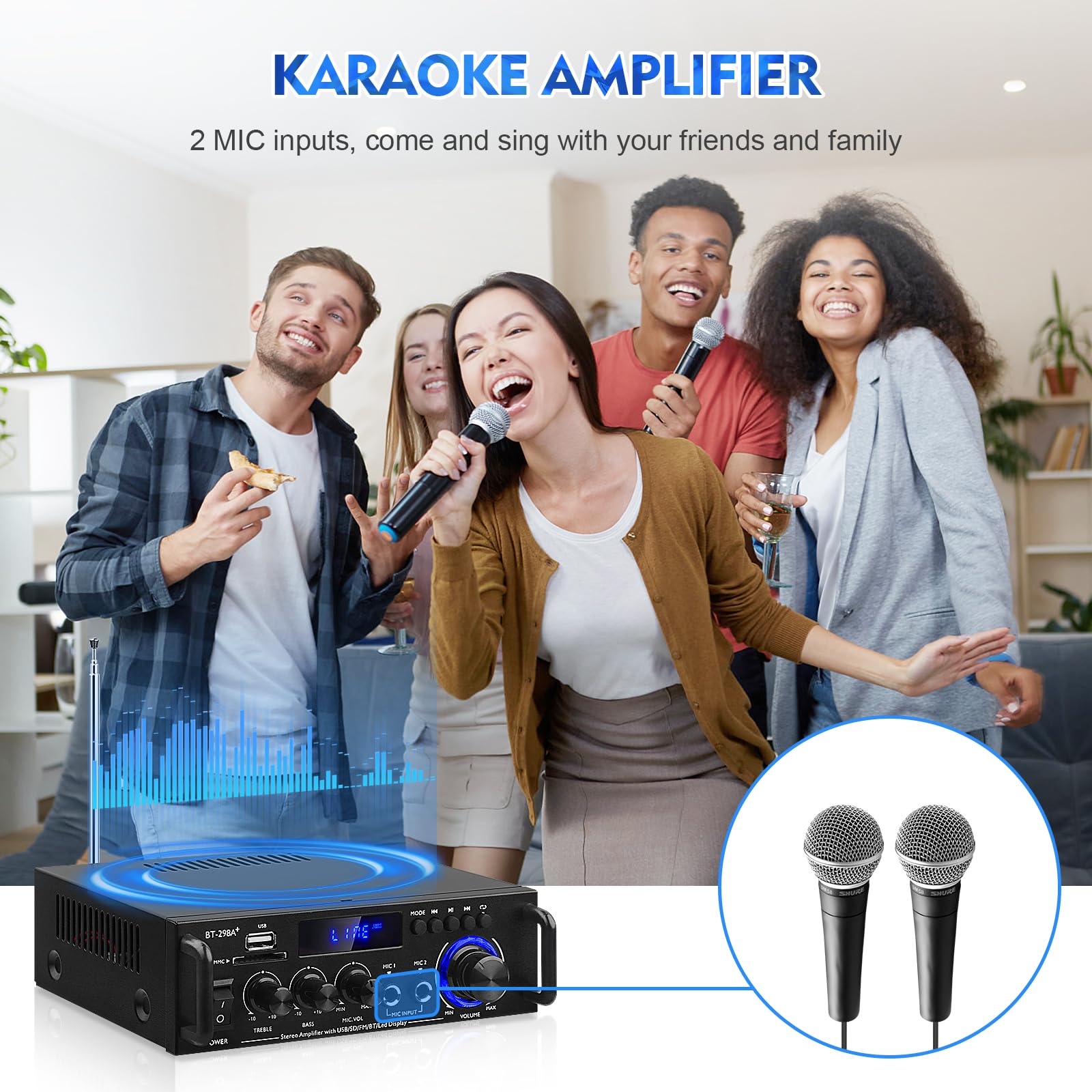 Amplificatore HiFi BT-298A+ Bluetooth5.0 Mini Stereo Audio Amplificatore Ricevitore 2 Canali 40W x 2 Amplificatore Bluetooth Digitale di Potenza con Radio FM, Scheda SD/USB per Casa/Auto
