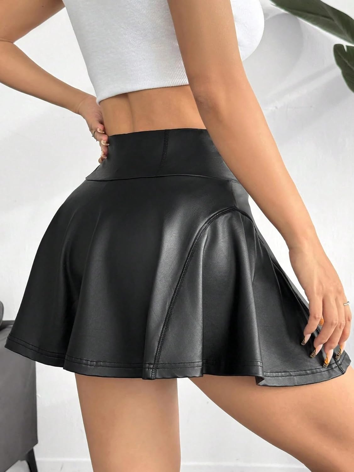 Women's Casual A-Line Mini Skort Summer PU Skirt with Built-in Shorts for Beach Daily Wear