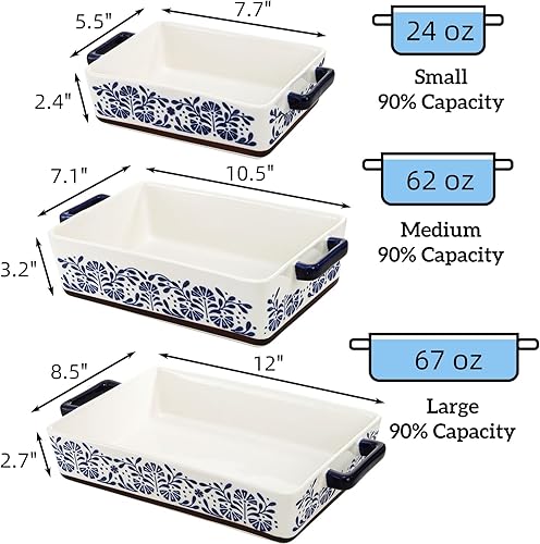 Miniatura 2 de SOUJOY Juego de 3 Fuentes Rectangulares de Cerámica para Horno, Diseño Floral Pintado a Mano Antiadherente y Apilable Fuente para Cazuela con Asas
