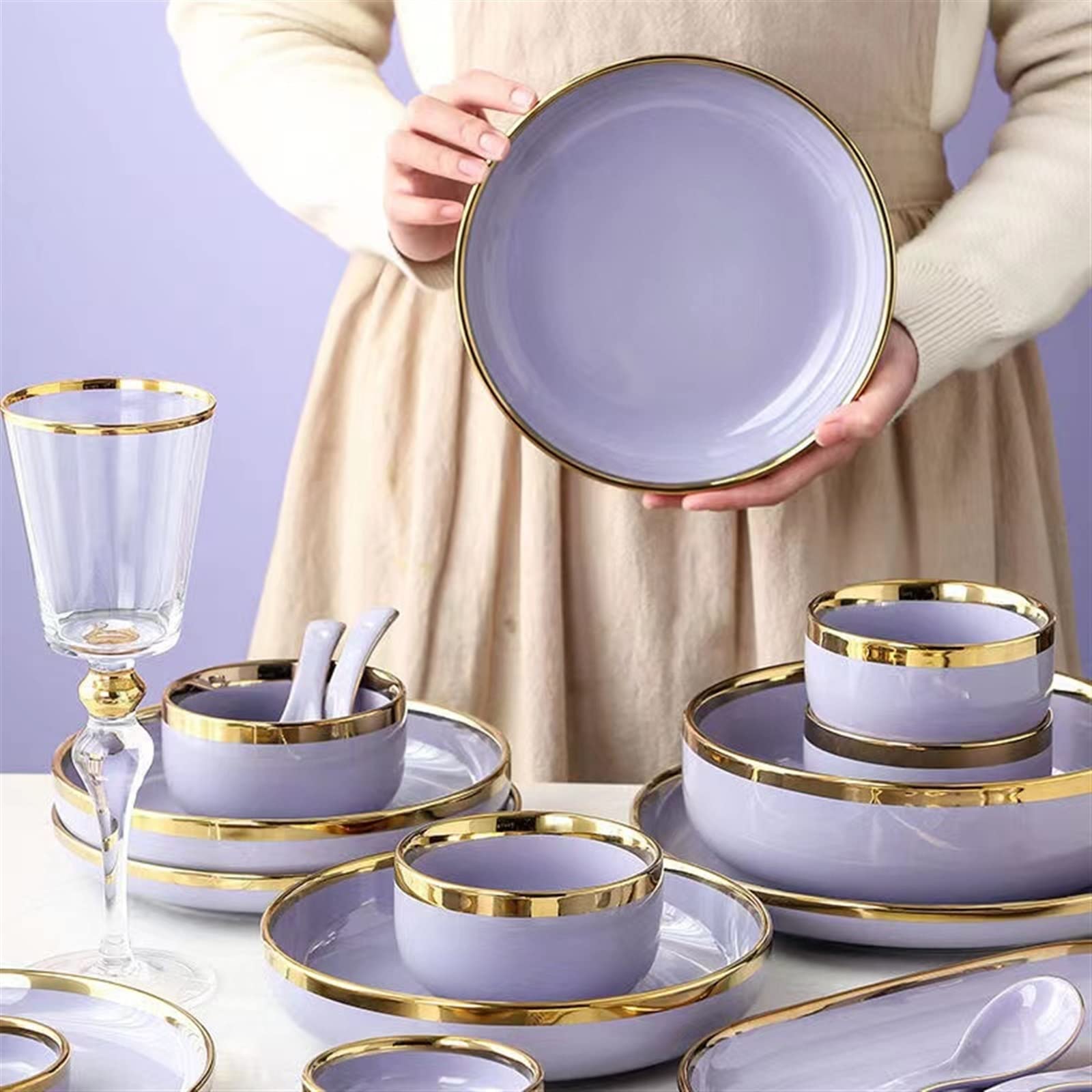 Sudemota Teller Lila Gold Intarsien Haushalt Teller und Schüssel Set Dinner Porzellangeschirr Essteller Küche, Haushalt & Wohnen