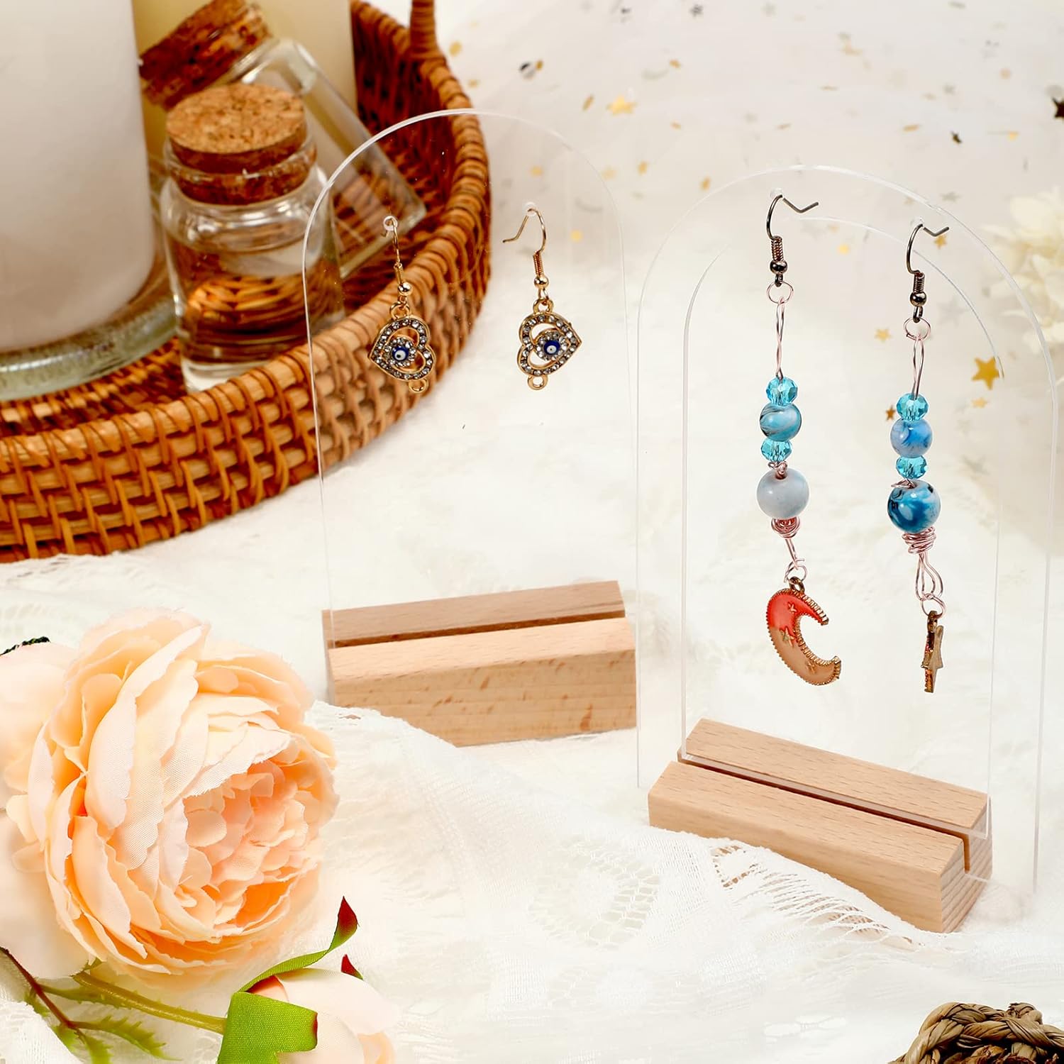 Yulejo Acrylic Earring Display Stand Jewelry Retail Holder Arch Acrylic Holder for Studs Dangle Earrings Solid Hollow Sign Stand Jewelry Displays with Wooden Bases - Image 4