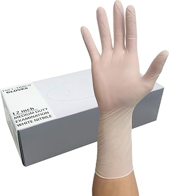 White Nitrile Gloves, 12" Length, Powder Free, Disposable, 50 Gloves