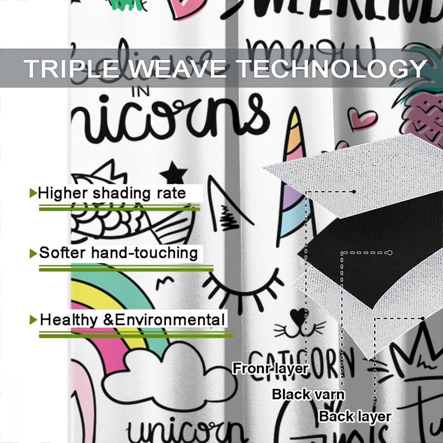 JESTRONRY Kids Unicorn Window Curtains, Cute Flamingo Pineapple Cactus Rainbow Thermal Drapes Window Treatments for Girl Bedroom 63x63 Inch Blackout