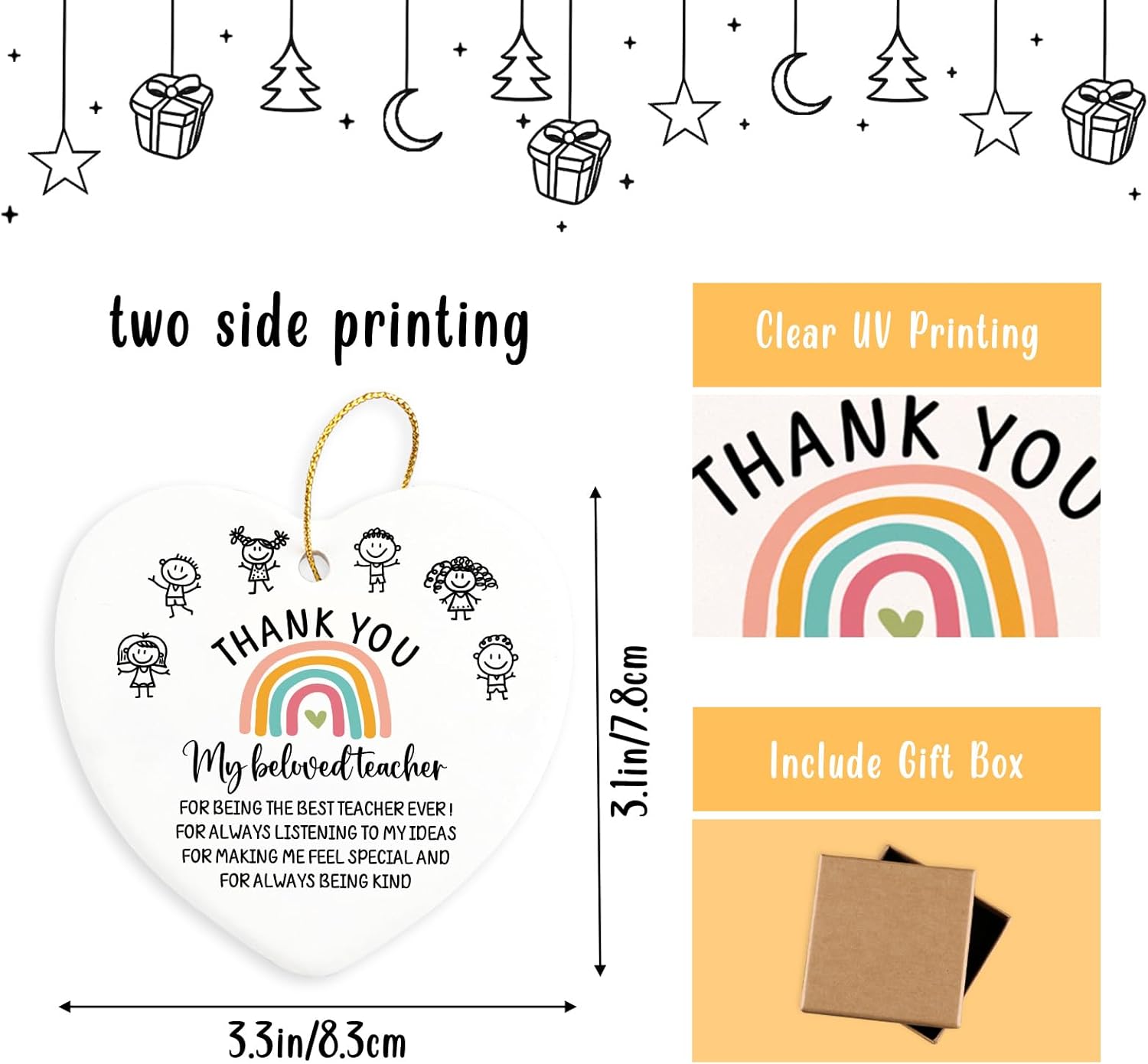 Thank You Gifts for Teacher Women Christmas Ornaments Keepsake Sign Heart Appreciation Graduation Retirement Birthday End of Year Teacher Best Teacher Ever Gift for New Teachers Mentors - Image 2