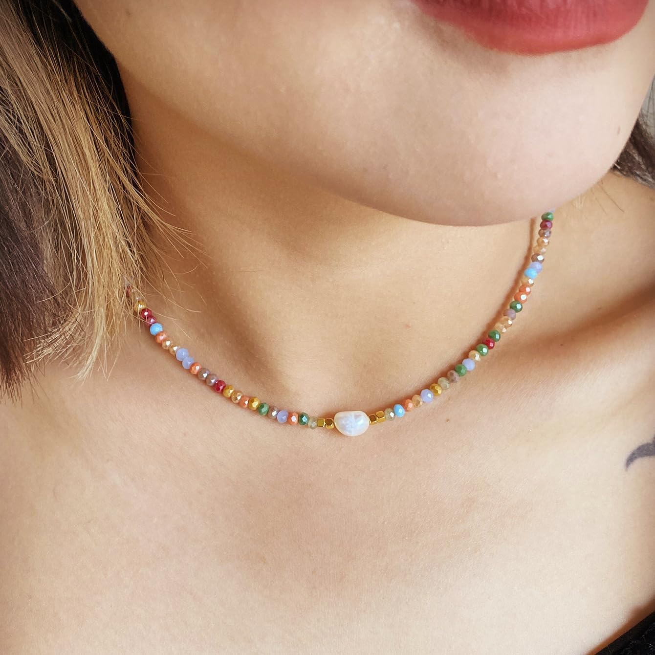 Colorful Beaded Necklaces for Women Crystal Bead Necklace Beach Necklaces Boho Necklaces for Women Pearl Beaded Choker Necklace Stainless Steel 18K Gold Plated Choker - Image 3