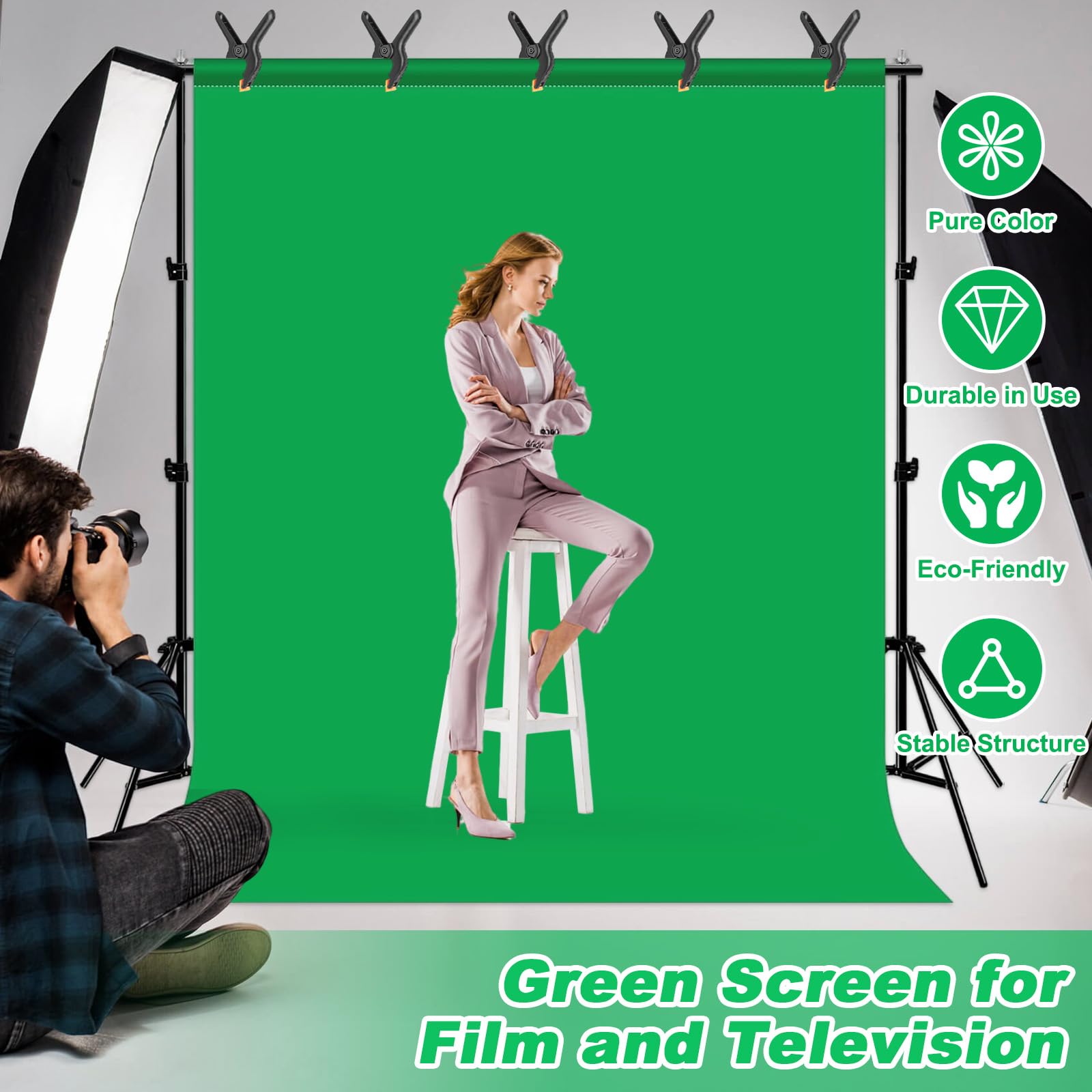 1,5x2m Kit Fond Vert avec Support, 5 Pinces et 1 Sac Rangement, Backdrop Photo Pliable Portable pour Studios Photographie/Vidéo, Streaming Direct, Youtube/TikTok, Jeux Vidéo et Réunions Zoom