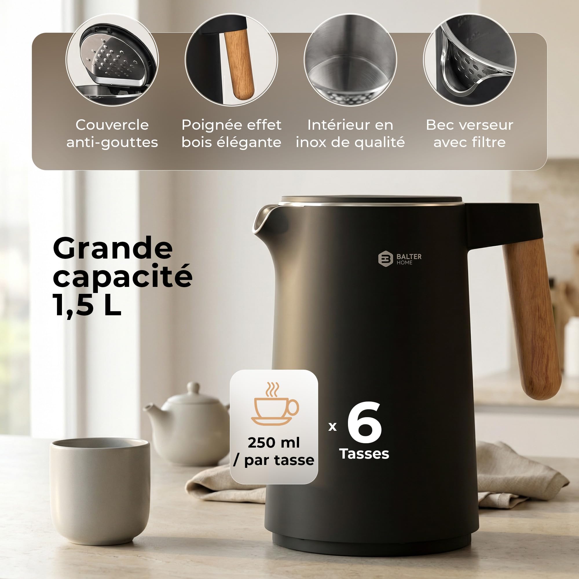 BALTER Bouilloire électrique inox 1,5 L température réglable 45-100°C double paroi sans BPA