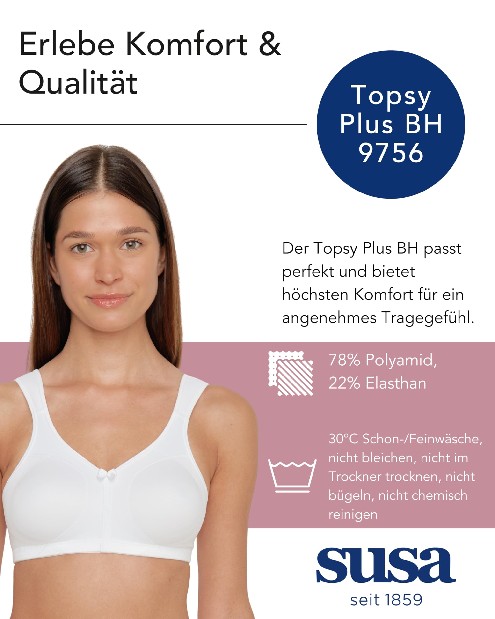 SUSA BH ohne Bügel Longline BH Classics I Bügelloser BH mit femininer Optik durch Spitzeneinsatz I Halbtransparenter BH mit 3-teilig genähten Cups
