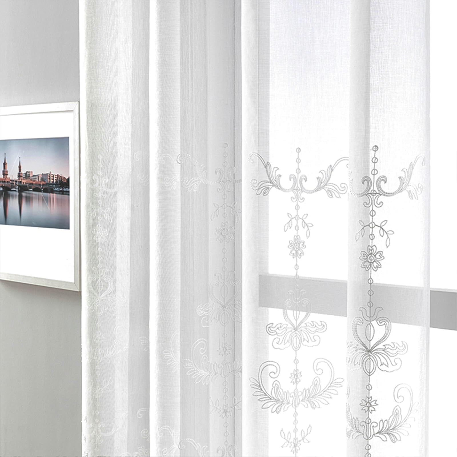 Wohnzimmer Voile Vorhänge Weiß 147 cm Höhe, Polyesterleinen Vorhänge Bestickt mit Ösen 2 Stück Transparent, H147 x B107 cm