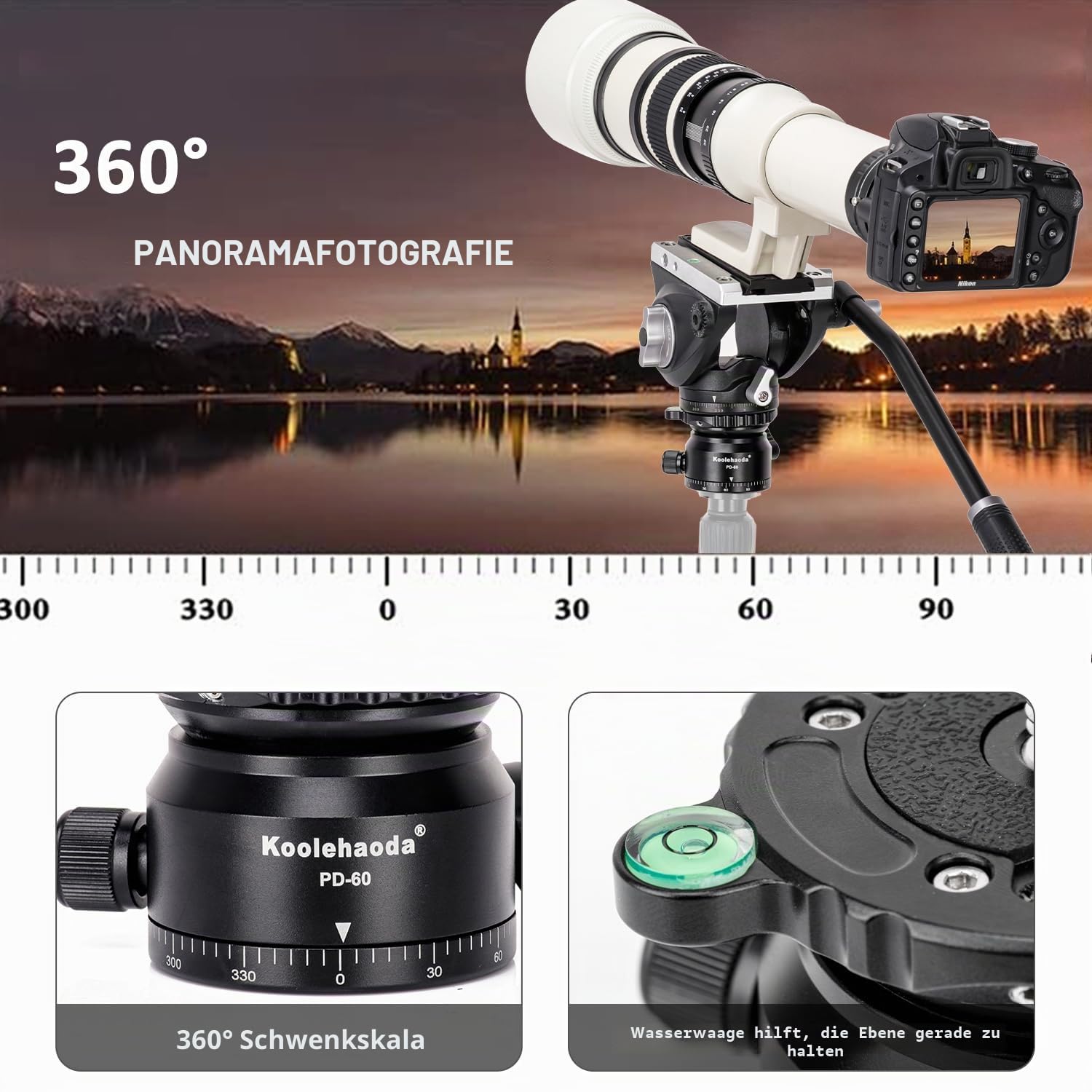Koolehaoda PD-60 Stativ Nivellierbasis Leveling Base mit 3/8" Gewinde und 360° Panorama-Basis, +/- 15 Grad Präzisionseinstellung für Videokopf, Stative und Einbeinstativ