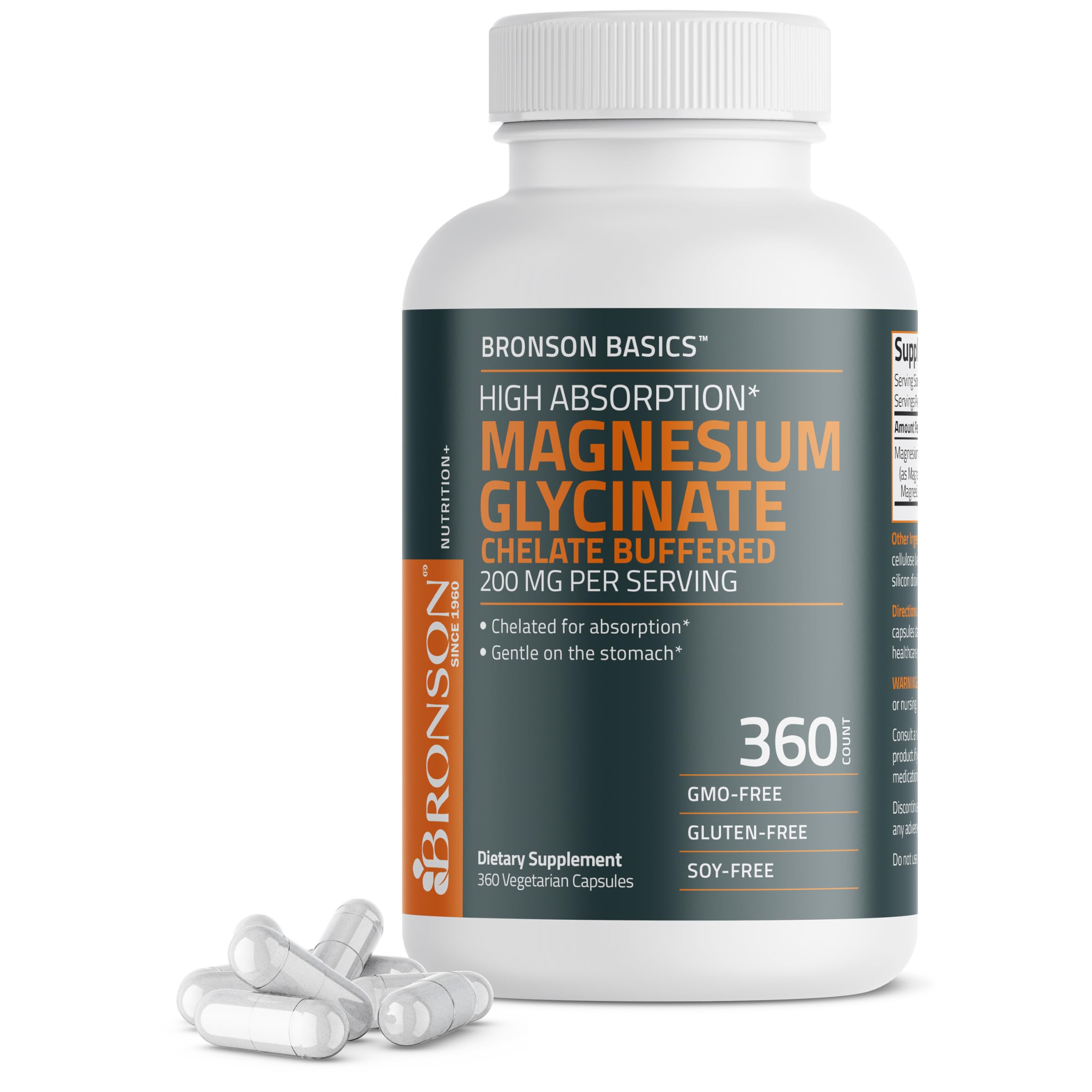 Bronson Magnesium Glycinate 200 mg Buffered, 360 Vegetarian Capsules 360 Count (Pack of 1)