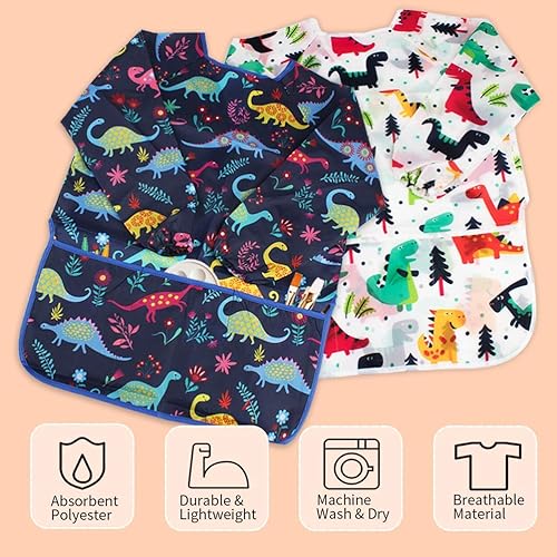 Vista 5 de Paquete de 2 delantales de pintura de dinosaurios para niños, impermeables, con manga larga y 3 bolsillos para niños de 3 a 8 años