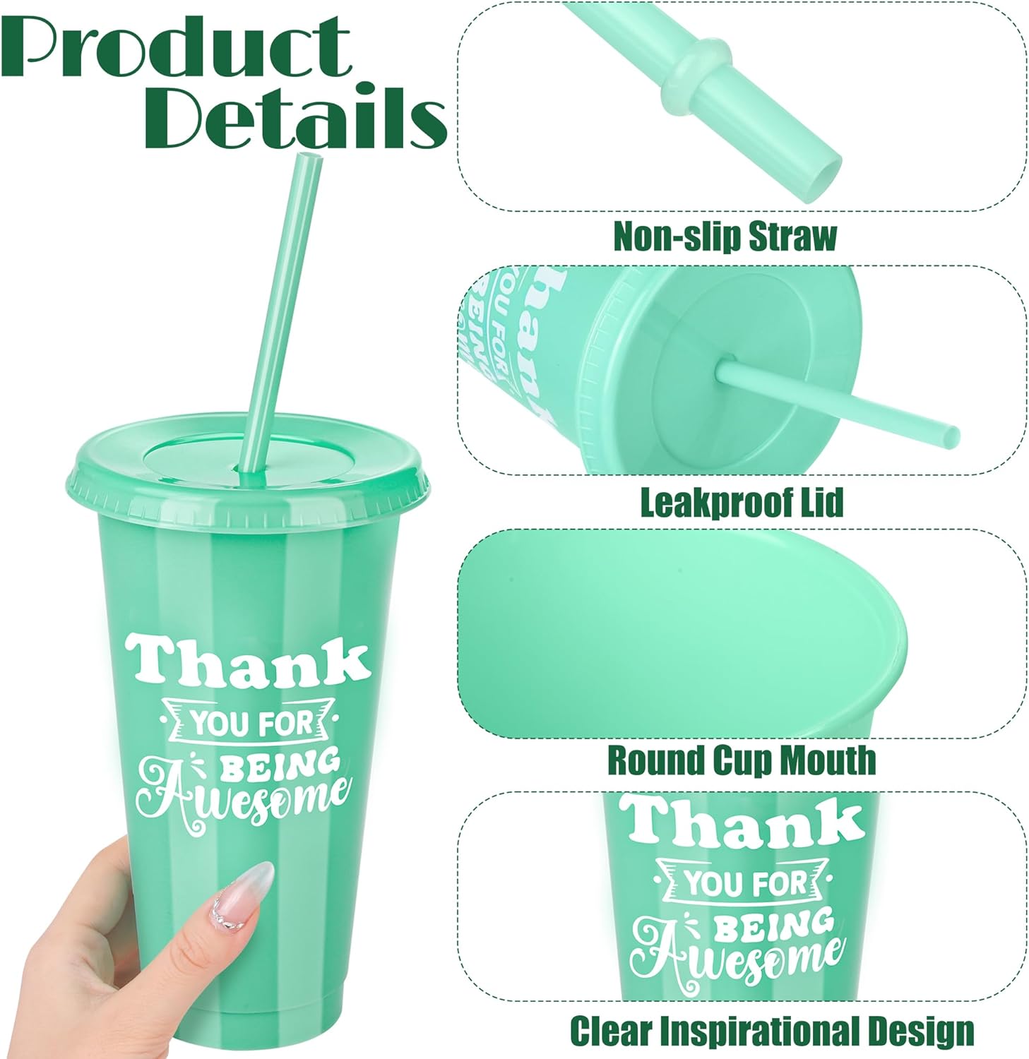 Kochorie 24 Pieces Thank You Cups 24 Oz Inspirational Plastic Tumbler Cup with Lids and Straws Reusable Appreciation Gift Bulk Thank You Gifts for Staff Coworker Teacher Employee, Rainbow - Image 3