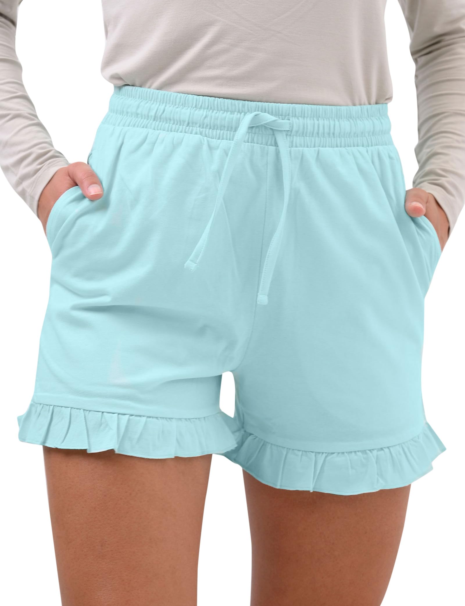 Enorsia Womens Cotton Summer Shorts with Frill Hem – Loose fit Casual Beach Shorts with Elastic Waist & Drawstring Lightweight Breathable Holiday Loungewear (UK, Numeric, 16, Regular, Regular, Blue)