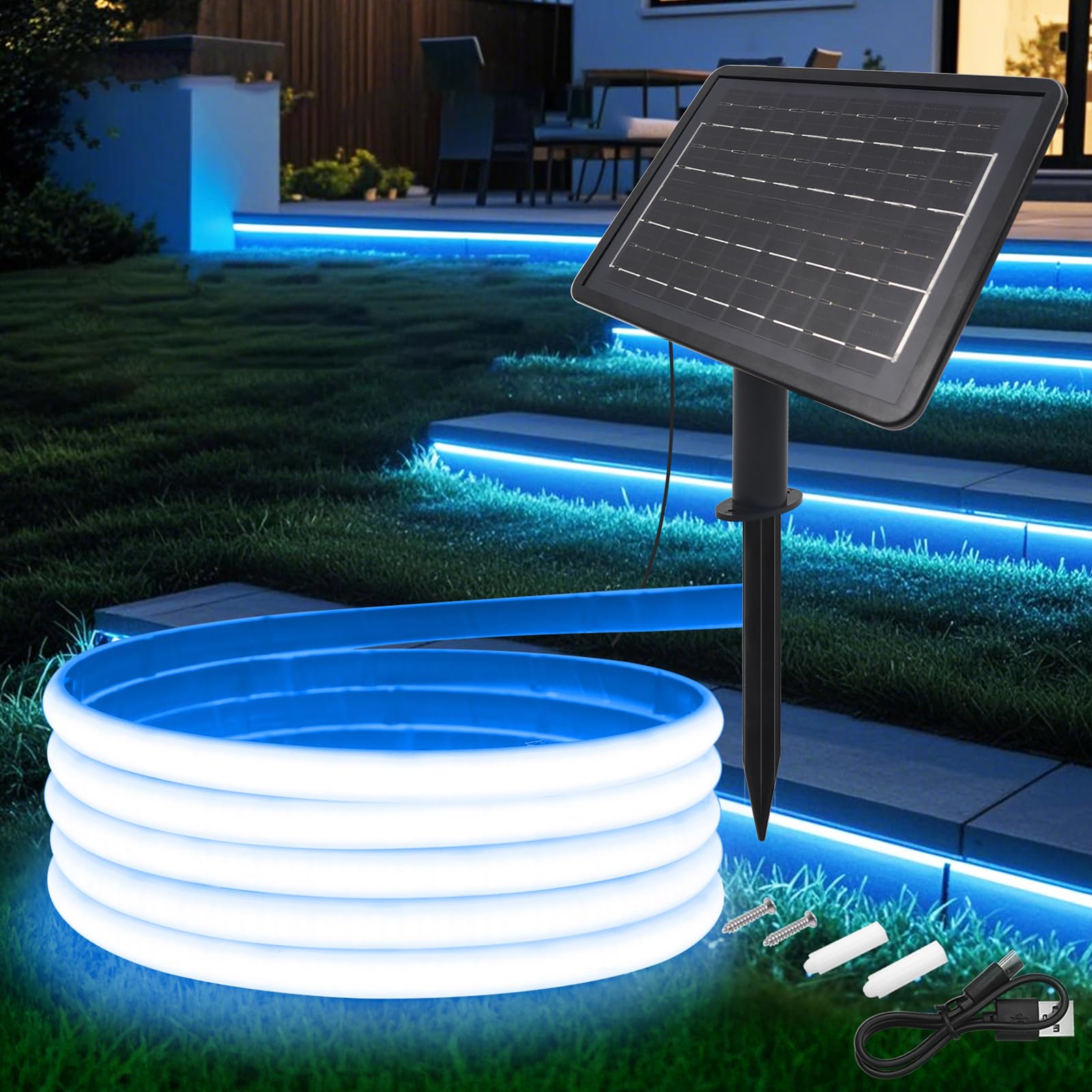 KAFULA 24V COB LED Solar Strip [2m,Blue Light], 1200MAH Solar Panel Controller, 8 Modes, IP68 Waterproof Flexible Silicone FCOB LED Neon Strip for Bedroom Garden Corridor Decoration — image 1