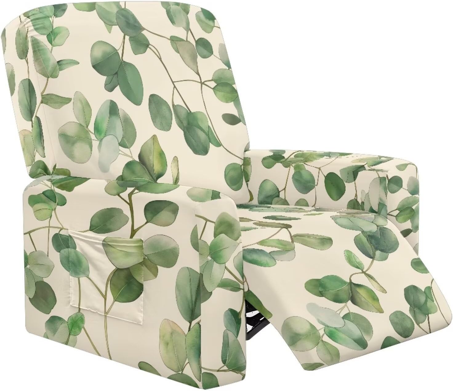 Floral Leaf Bee Print Black Recliner Chair Cover, Stretch Non Slip Recliner Couch Covers, Thick Soft 4-Pieces Recliner Cover Fitted Reclining Chair Slipcovers for Living Room