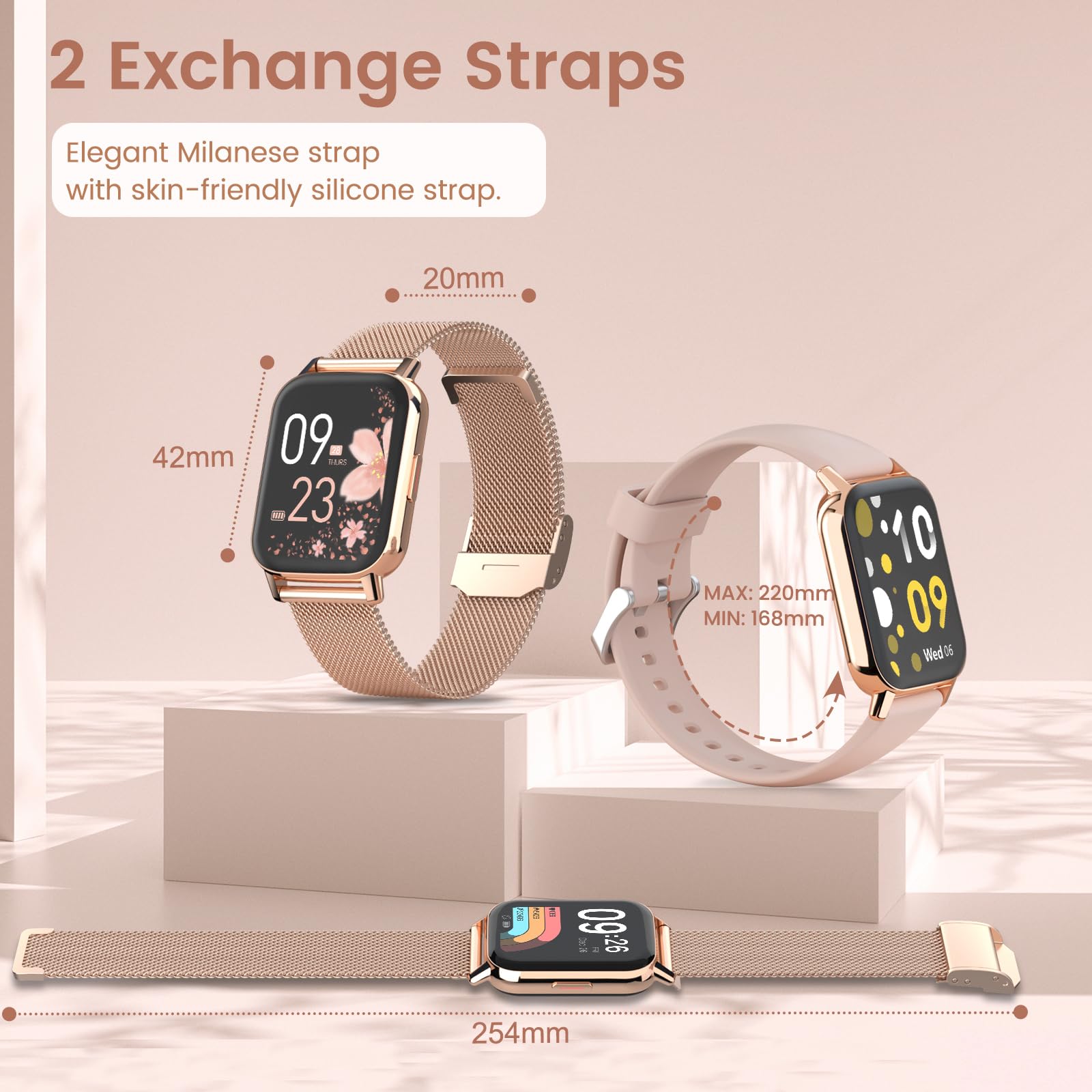 2026 Smartwatch Damen mit Telefonfunktion, 1.83" HD Armbanduhr Herzfrequenz Schlafmonitor Menstruationszyklus SpO2, IP68 Smart Watch 113+ Sportmodi Schrittzähler für iOS Android Roségold, Geschenk