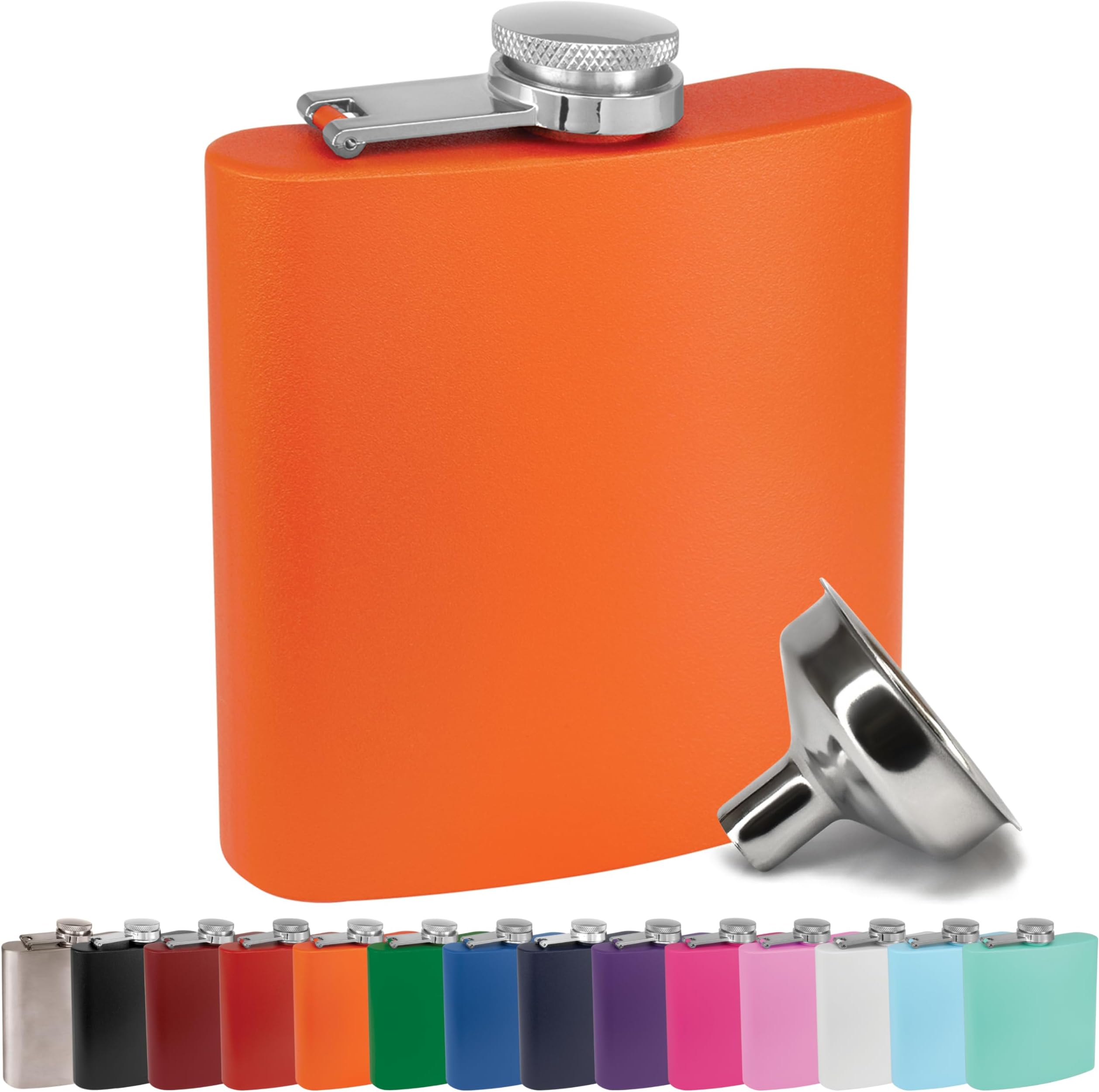 6 oz Stainless Steel Hip Flask with Funnel for Men & Women, Powder Coated Flask Gift Sets for Groomsmen, Bridesmaids, Wedding Party Whiskey Flask for Liquor, by Clear Water Home Goods, Matte Orange