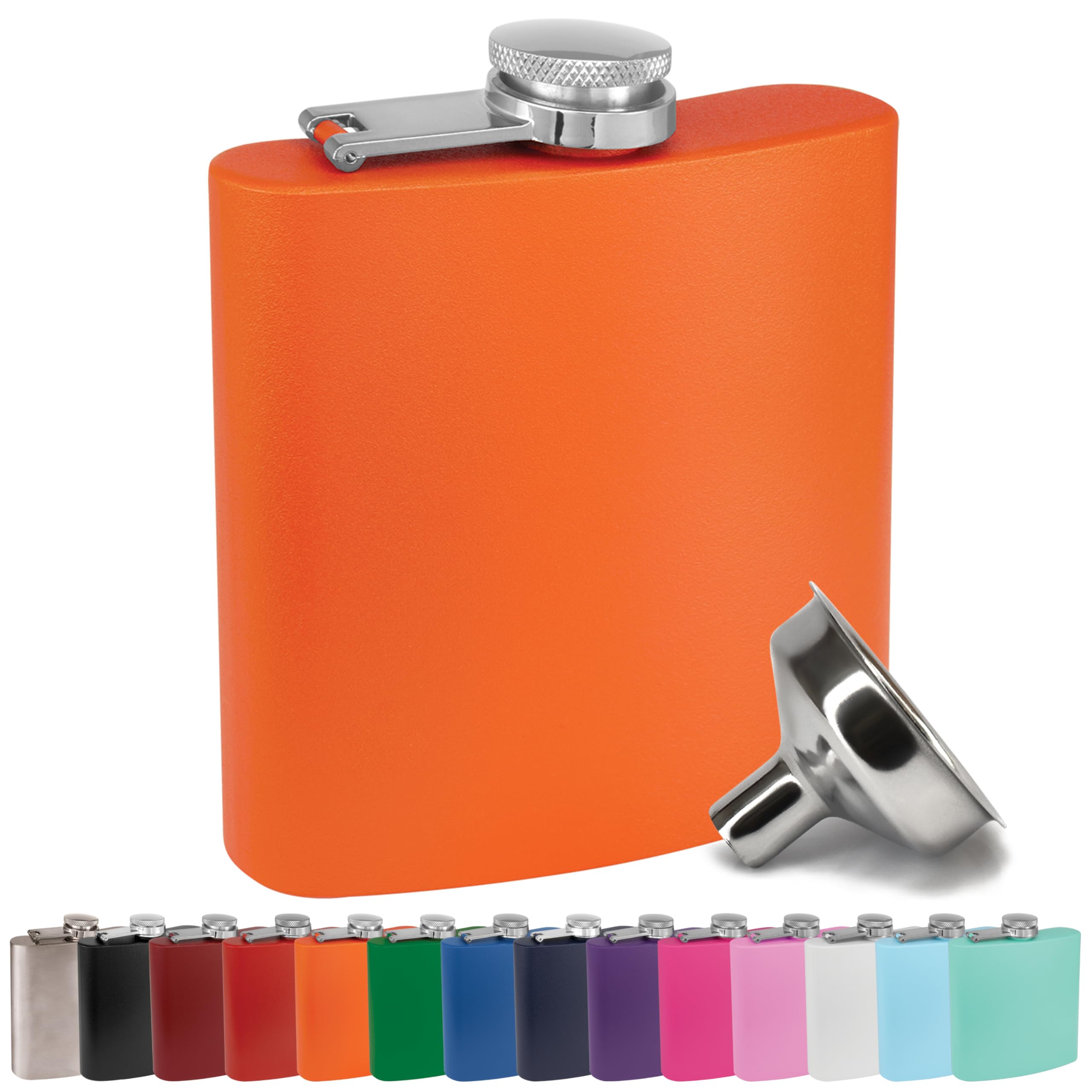 6 oz Stainless Steel Hip Flask with Funnel for Men & Women, Powder Coated Flask Gift Sets for Groomsmen, Bridesmaids, Wedding Party Whiskey Flask for Liquor, by Clear Water Home Goods, Matte Orange