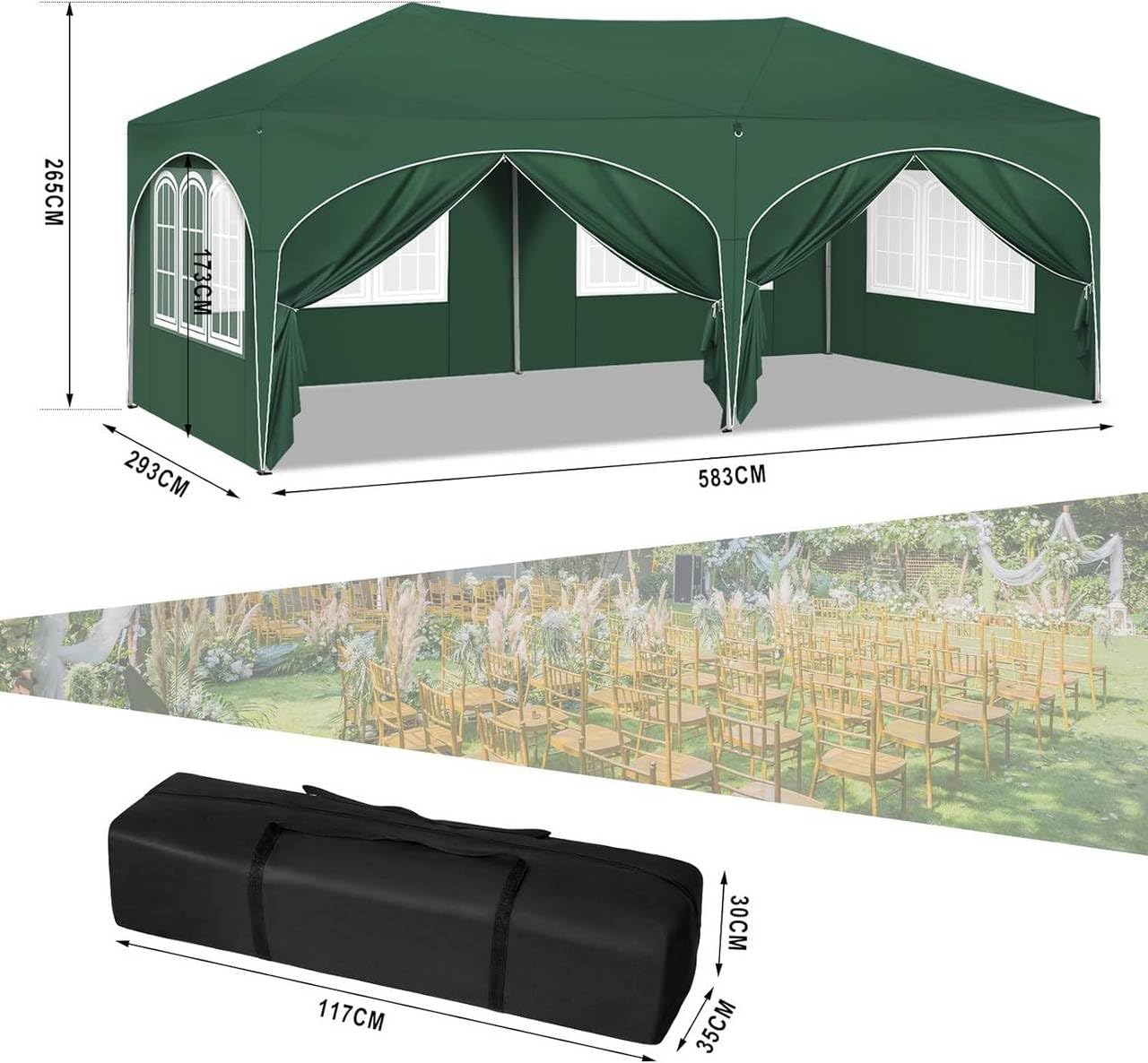 Pavillon 3x6m, wasserdichtes Partyzelt mit UV-Schutz 50+, höhenverstellbar, grün Faltpavillon mit 6 Seitenwänden, klappbar, Oxford-Stoff, Tragetasche – Gartenpavillon für Events, Hochzeit, Camping