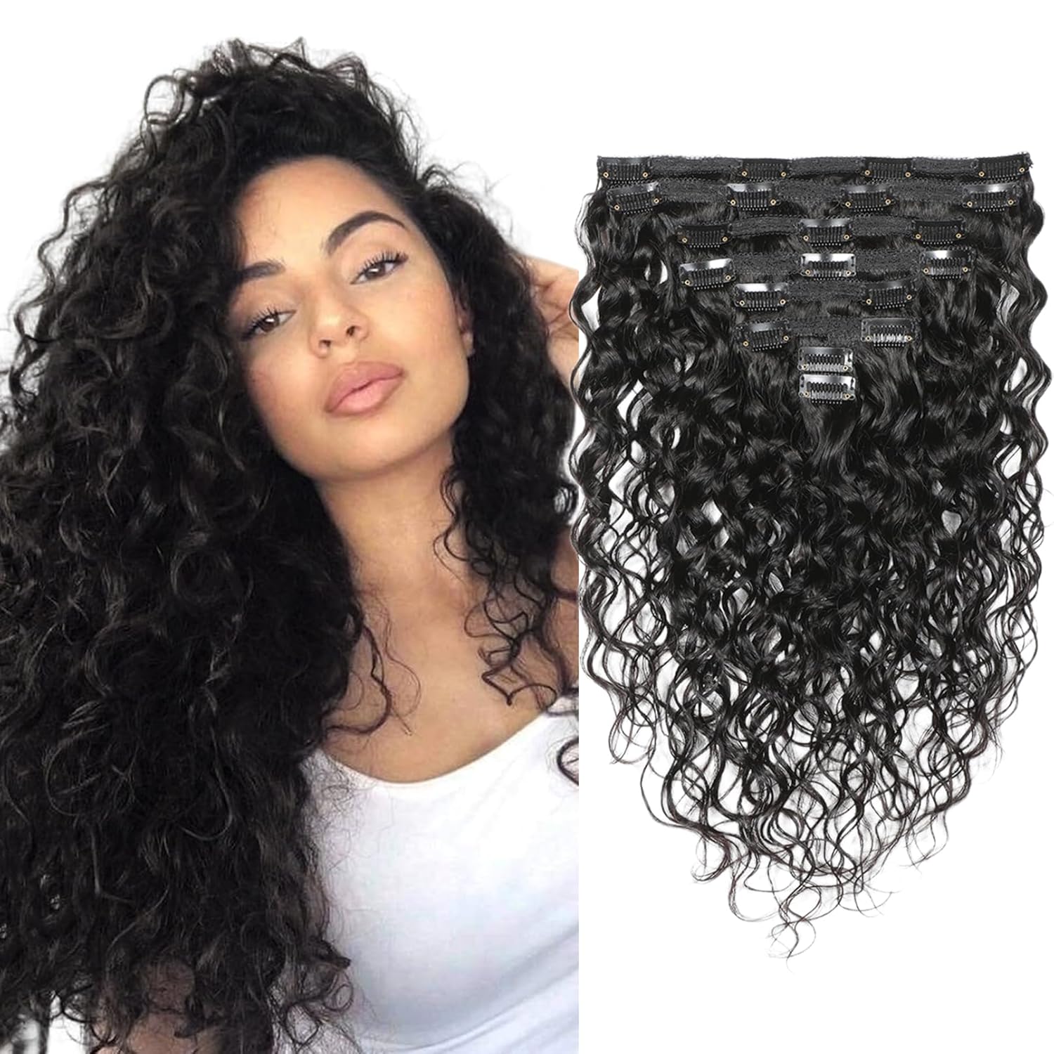 Doren Deep Curly Clip In Human Hair Extensions for Women 8Pcs 20Clips 120g Brazilian Remy Wavy Curly Hair Natural Color 24 Inches